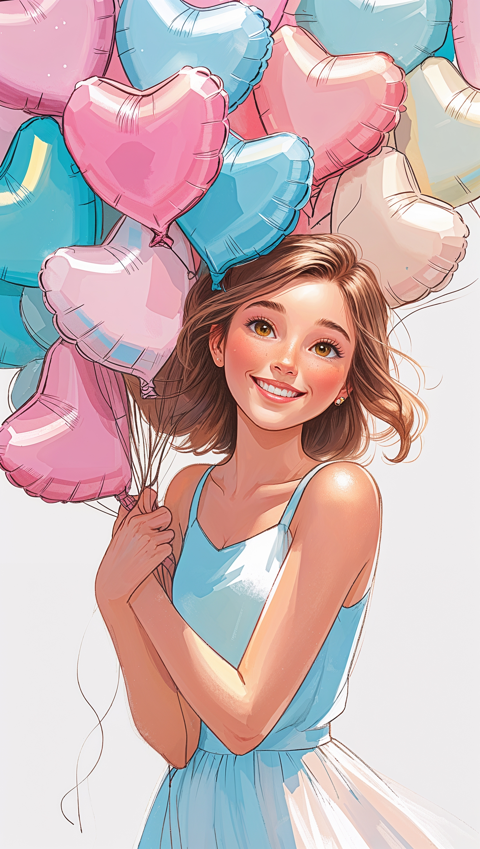Artistic image of Melanie holding heart-shaped balloons, iPhone format