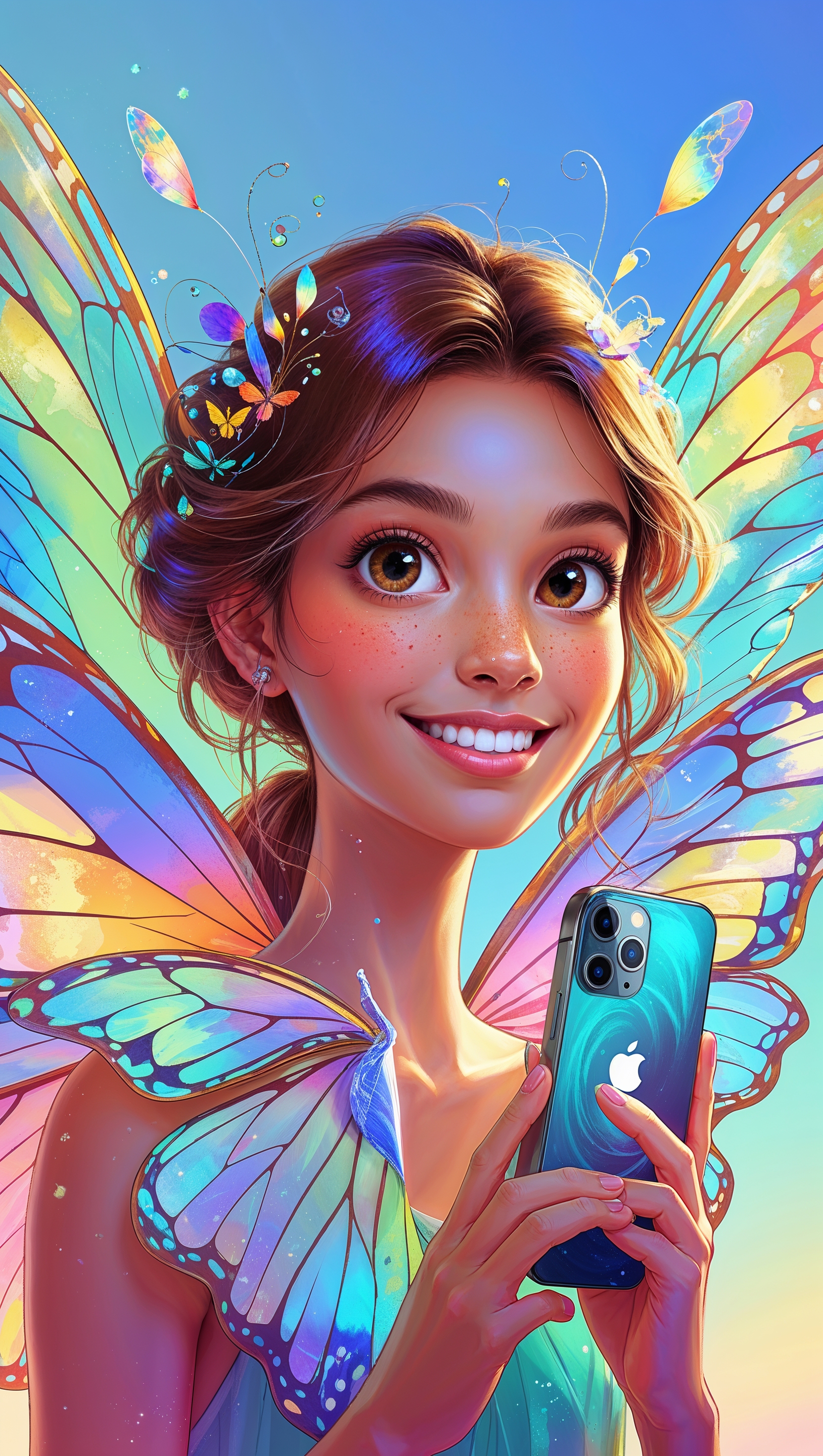 Digital artwork of Melanie with butterfly wings, colorful iPhone image