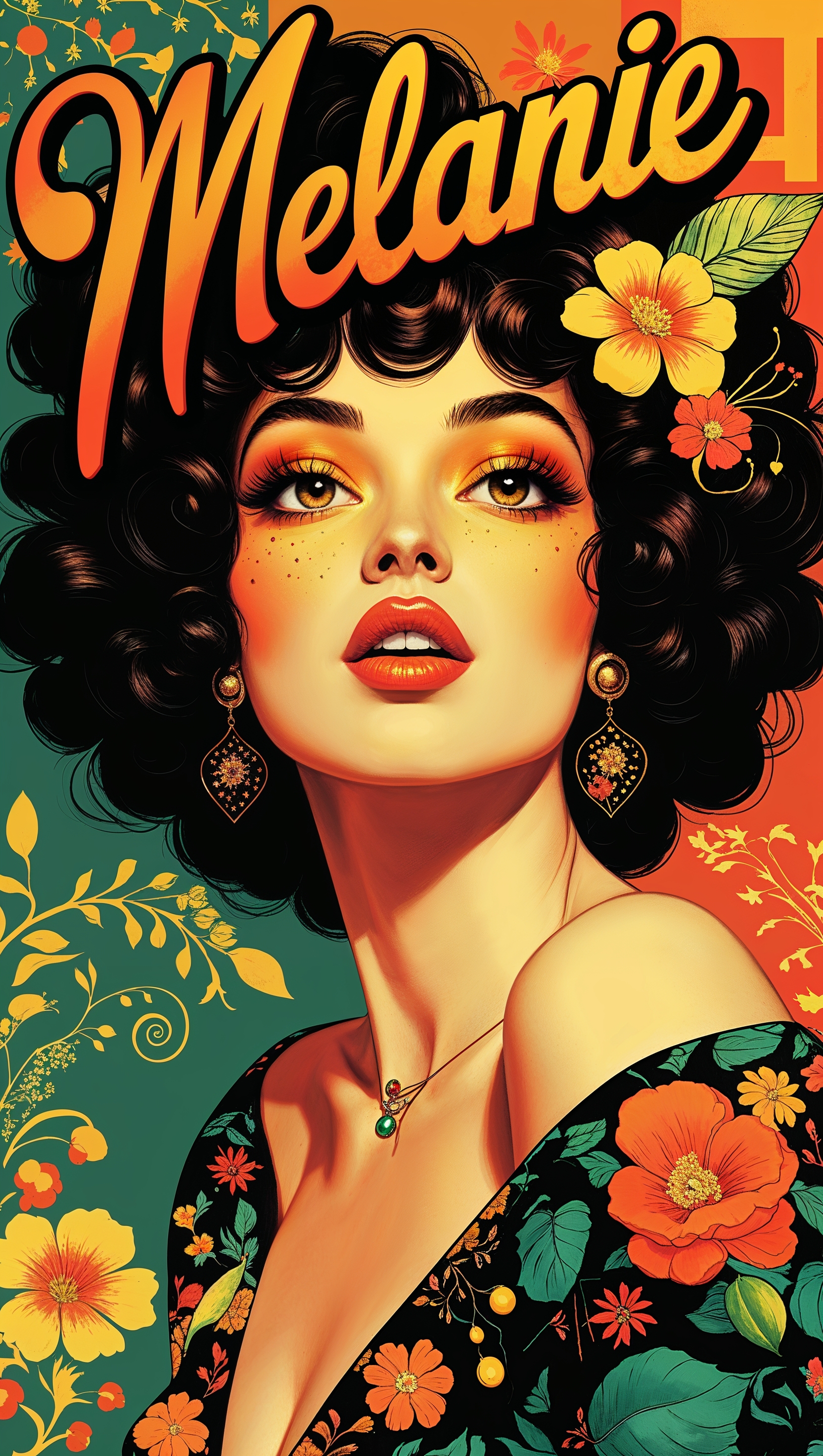 Retro poster-style Melanie with unique typography, perfect for wallpaper