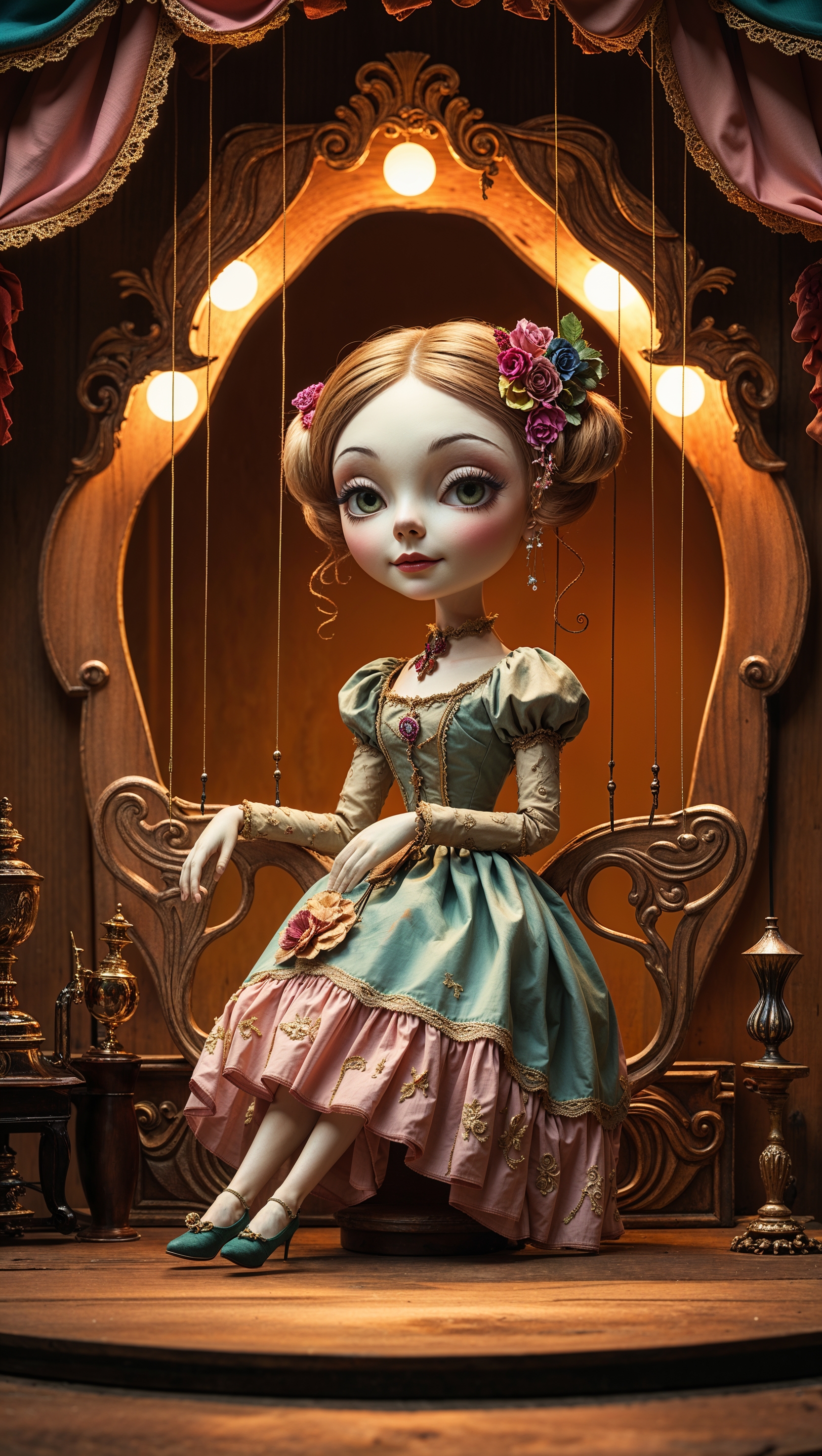 Puppet-theater inspired design with Melanie as the main character, iPhone wallpaper