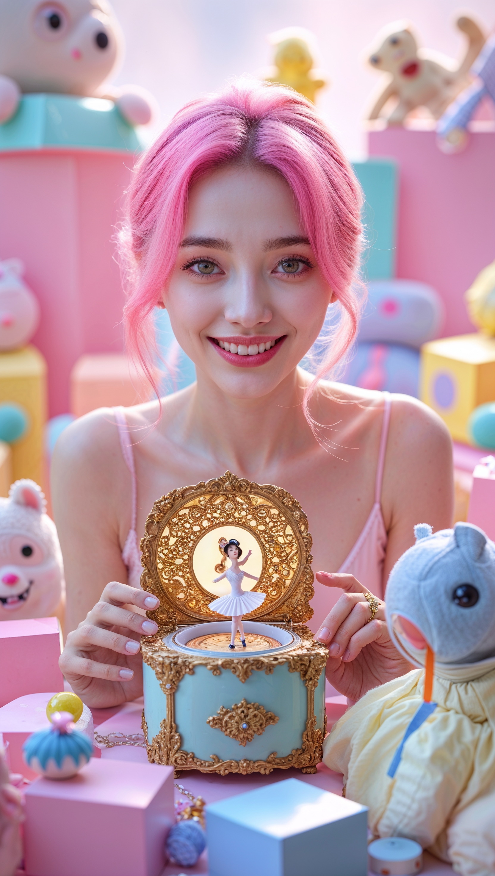 Melanie in a pastel toy world, perfect for cute iPhone wallpaper