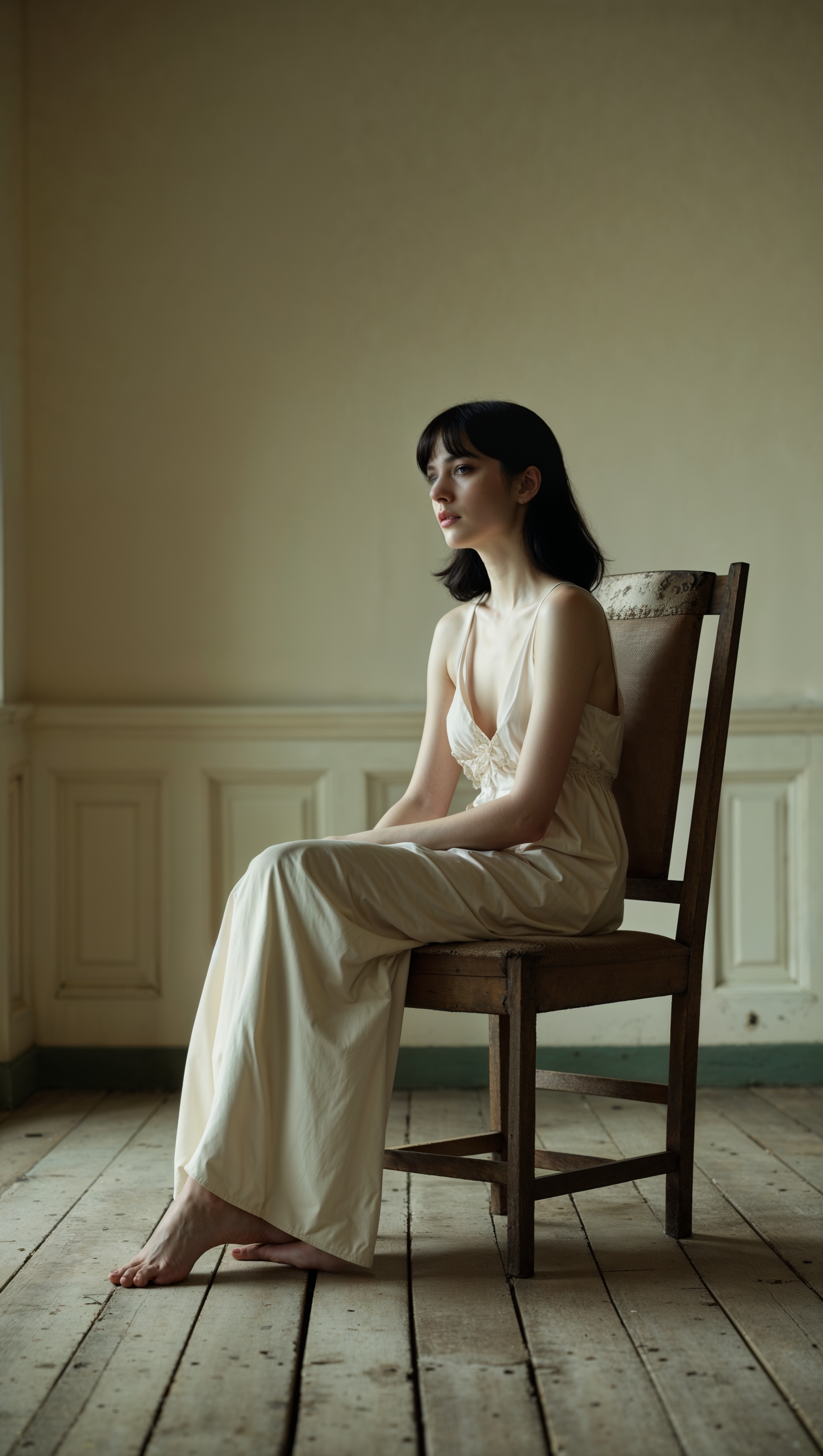Cinematic shot of Melanie on a wooden chair in an empty room, iPhone wallpaper