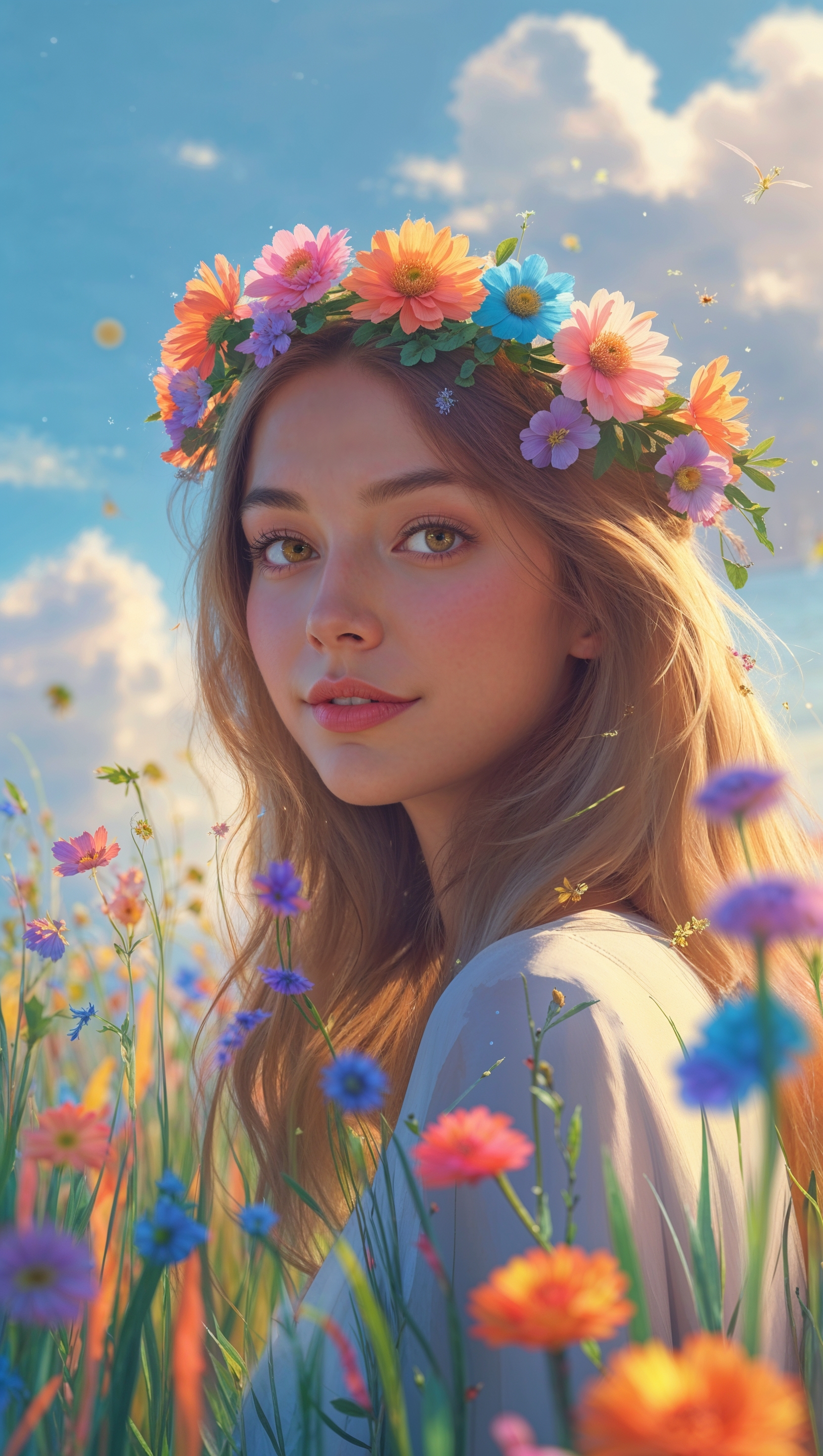 Melanie with a flower crown in a colorful field, iPhone wallpaper look