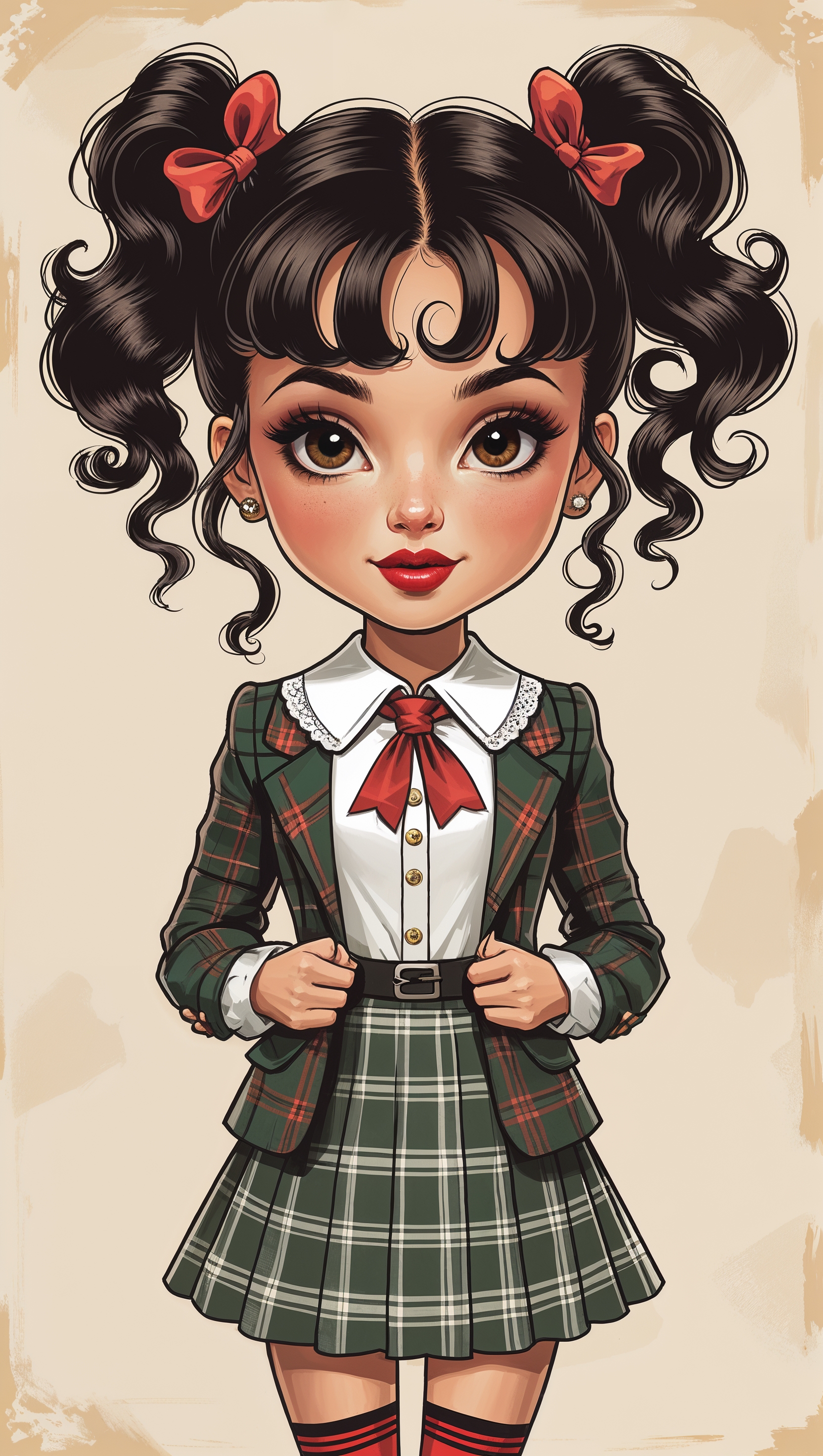 Cartoon-style Melanie Martinez in vintage schoolgirl outfit, iPhone wallpaper