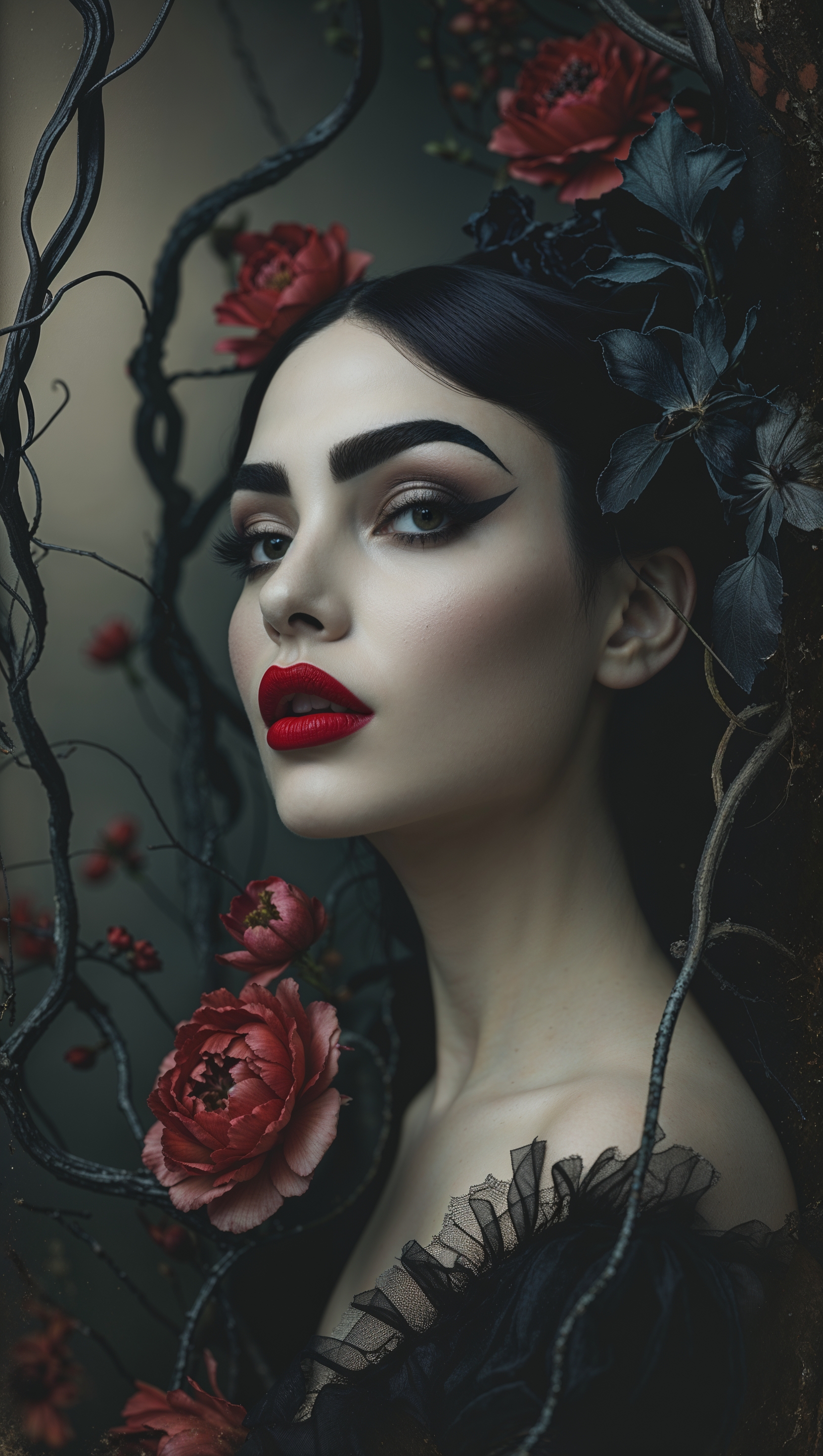 Gothic Melanie Martinez with dark floral background, iPhone aesthetic