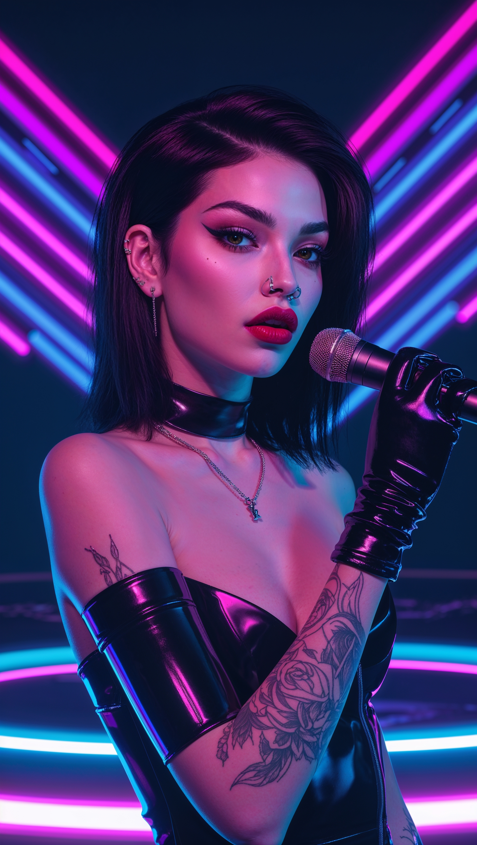 Melanie Martinez singing on stage with neon lights, iPhone wallpaper style