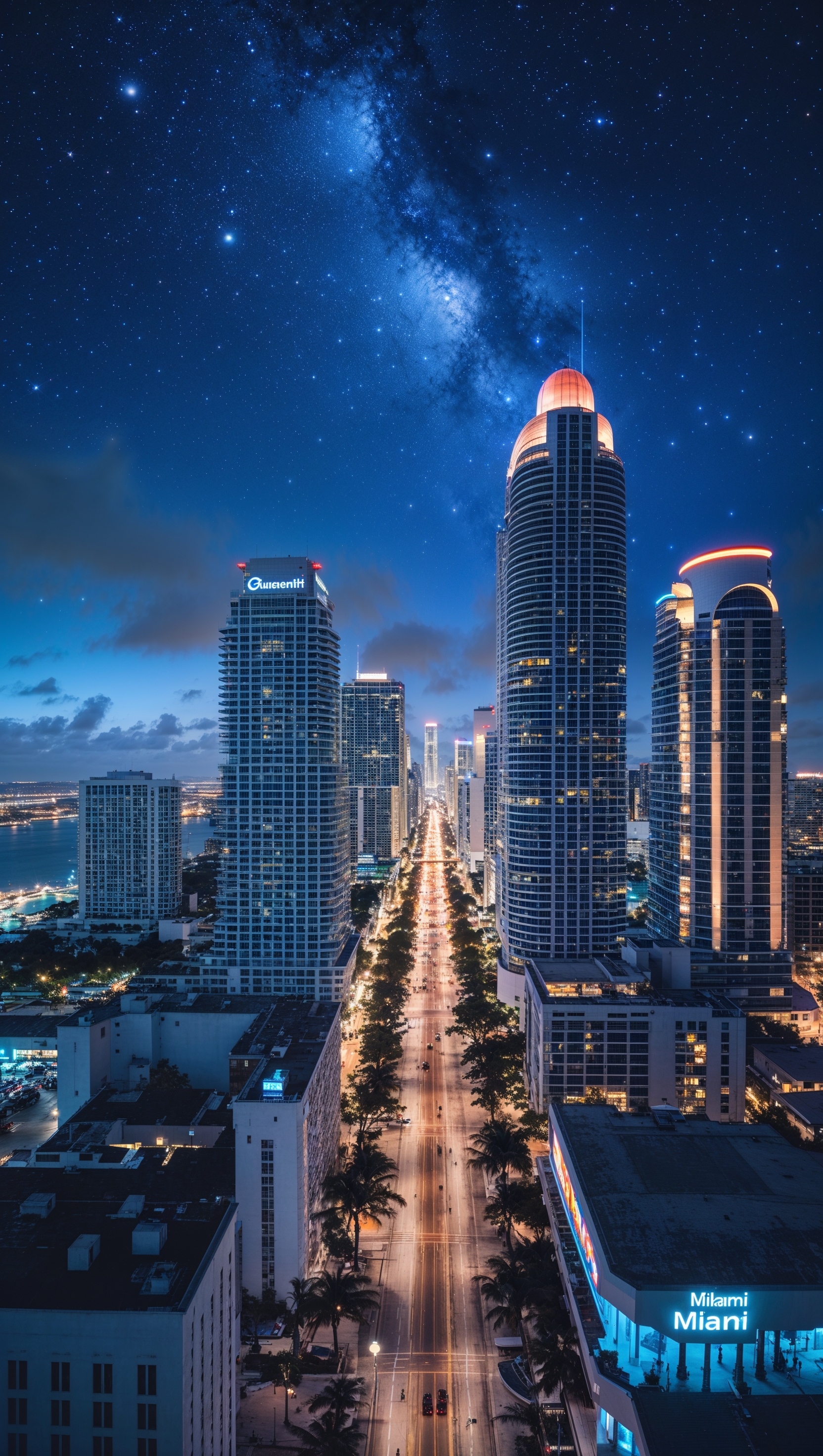 A night-time photo of Miami with a starry sky