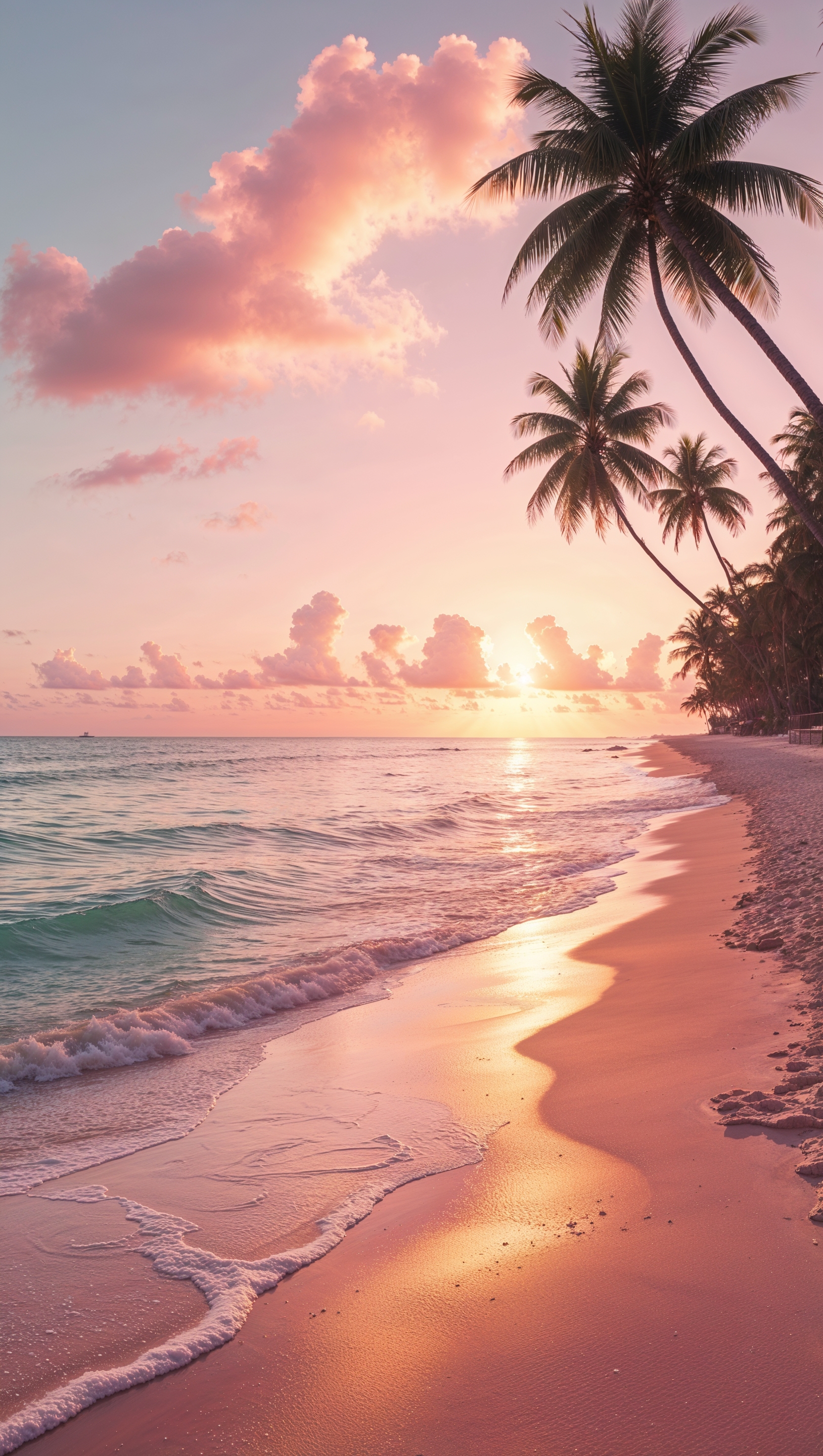 A Miami beach at sunrise with pink and orange hues