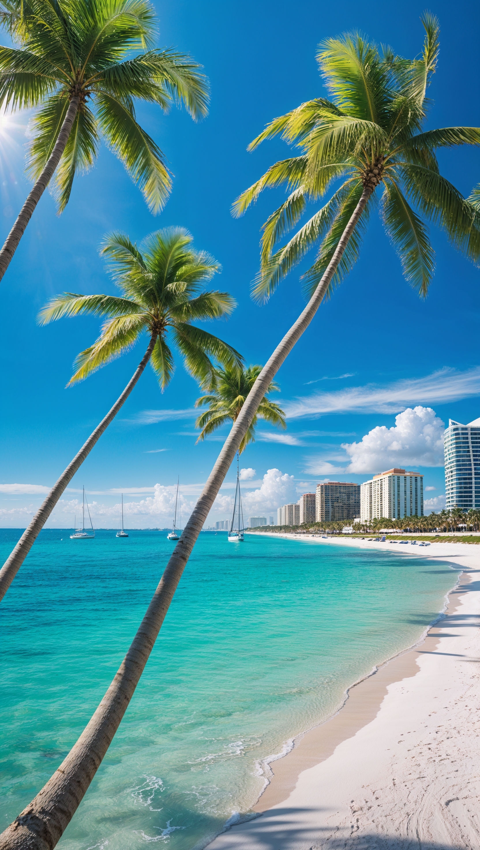 A view of Miami beach with palm trees and a blue sky