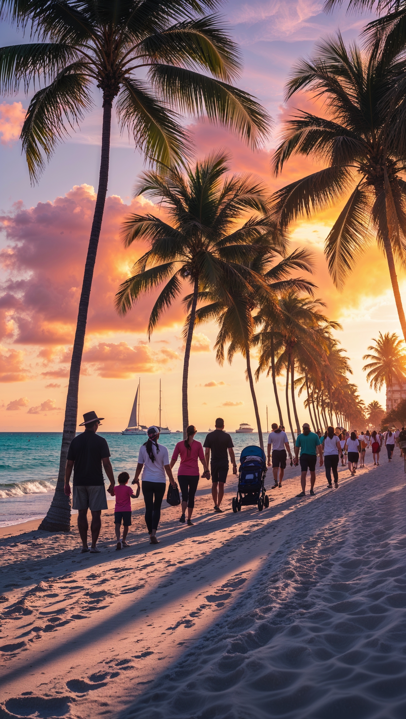 Palm trees along Miami beach with a golden sky