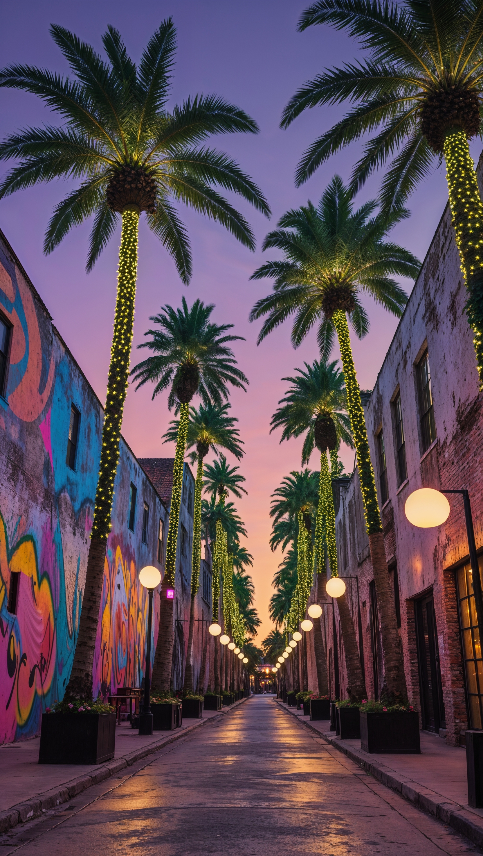 A Miami alley with palm trees and street lights