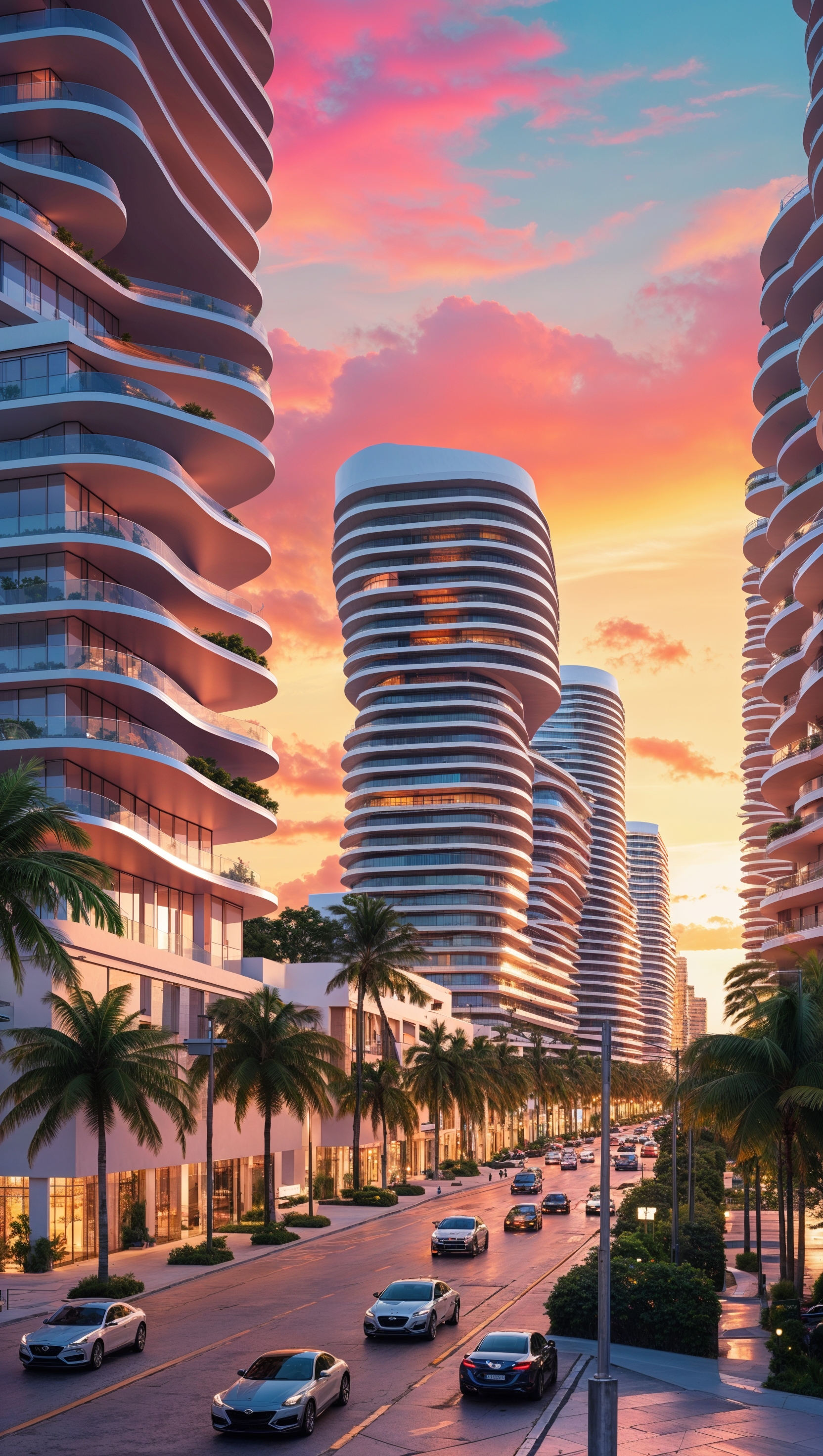 A Miami scene with a city view and modern architectural details