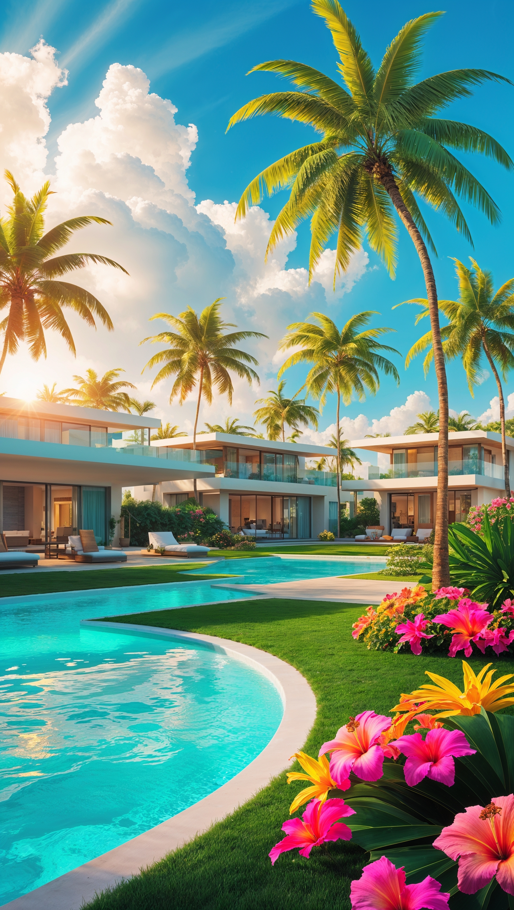 A Miami scene with private pools and luxury villas