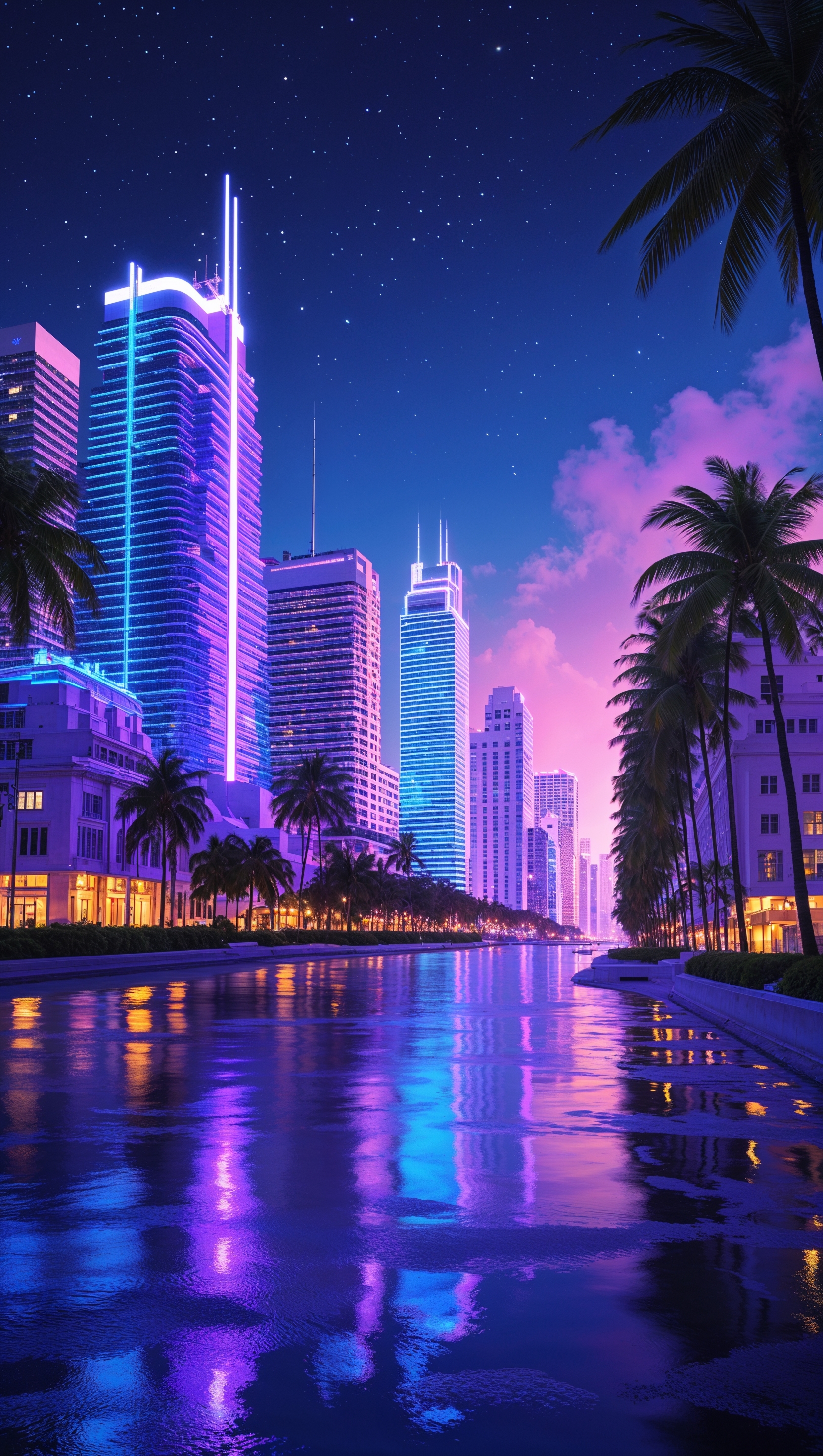 A night-time Miami image with blue and purple lights