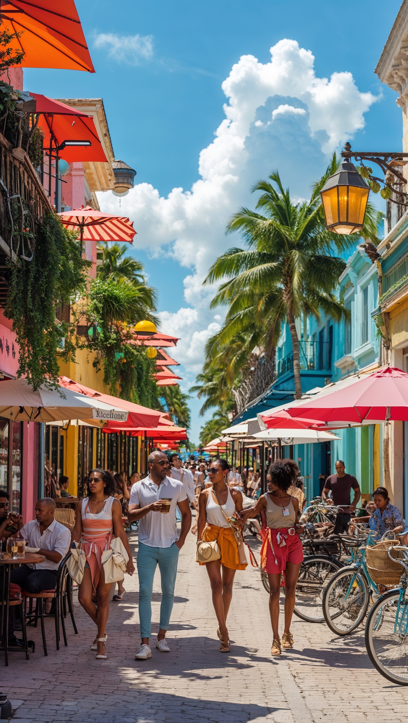 A street full of Miami cafes with people walking