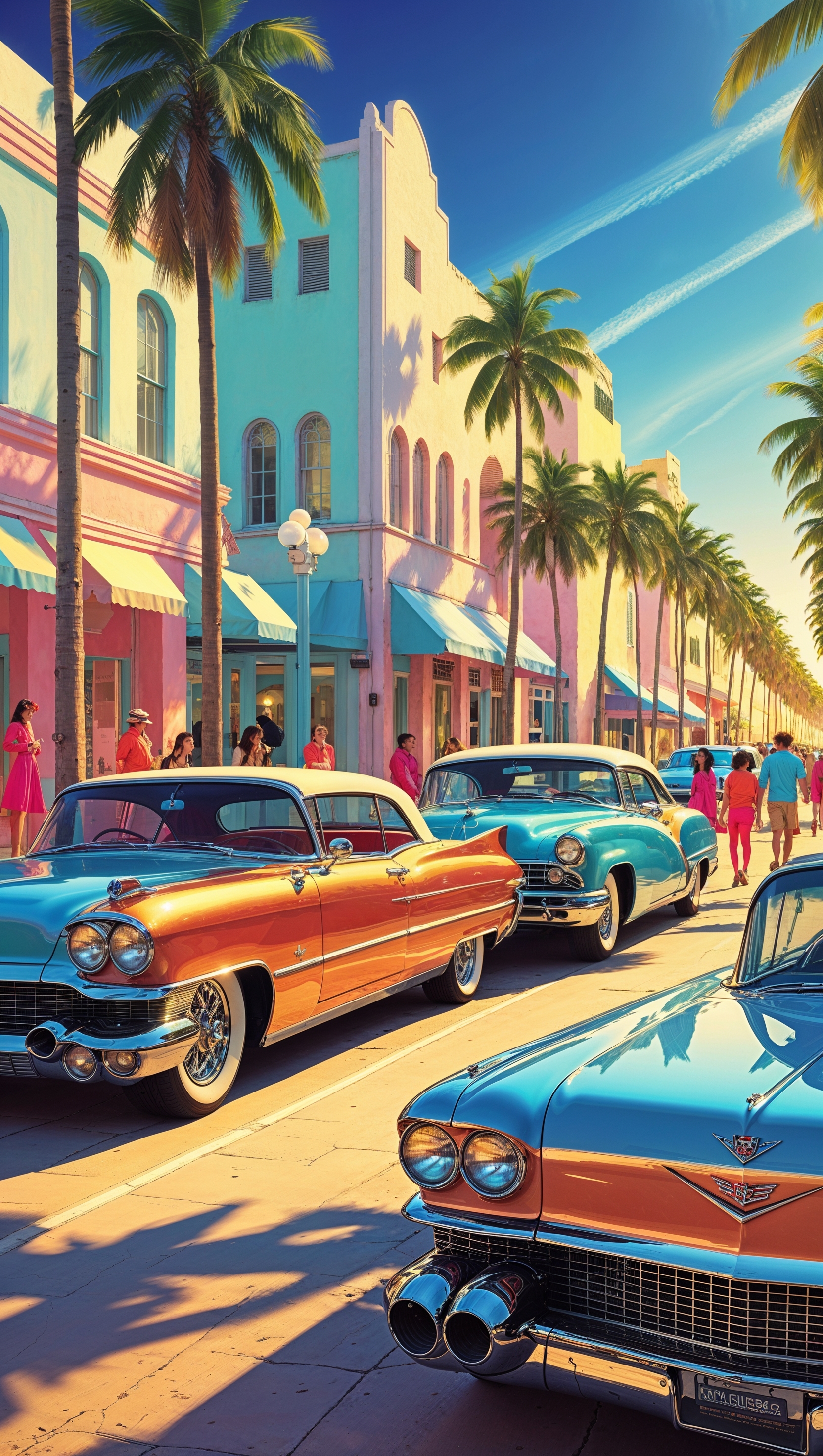A view of Miami streets with classic cars and sunlight