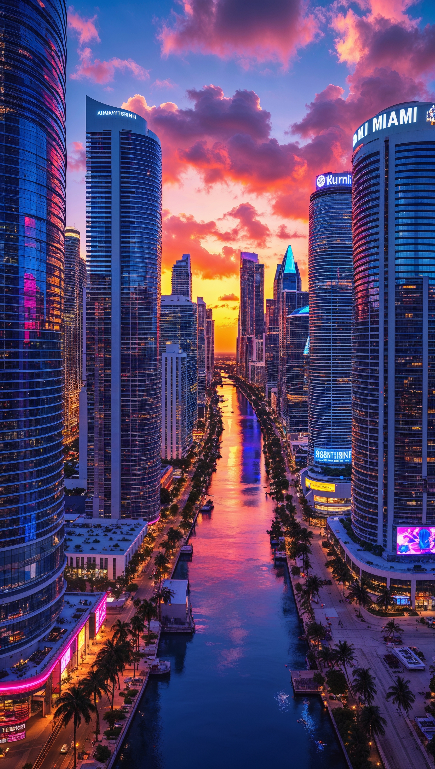 A Miami cityscape with skyscrapers and night lights
