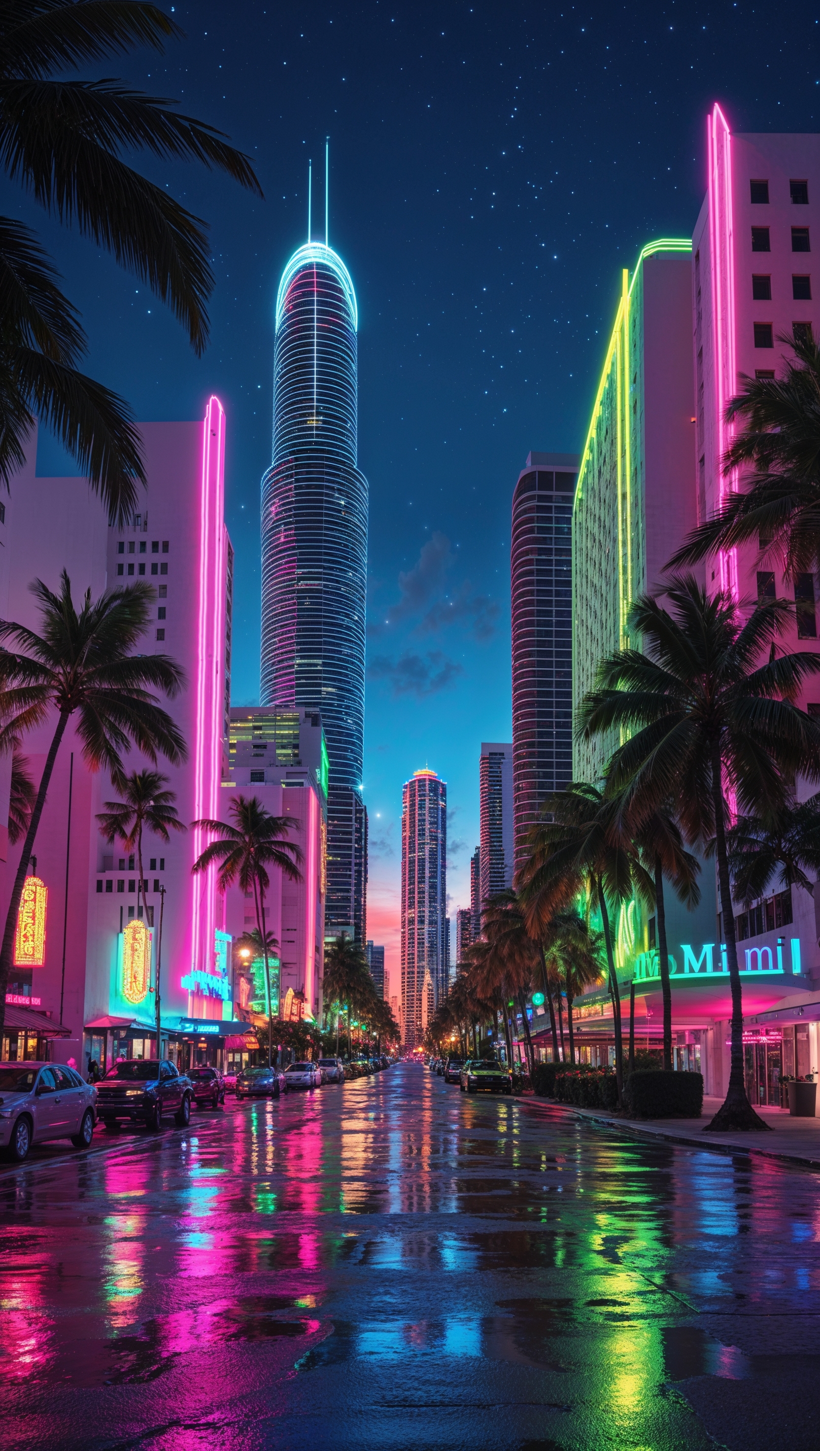 A night-time Miami background with neon lights