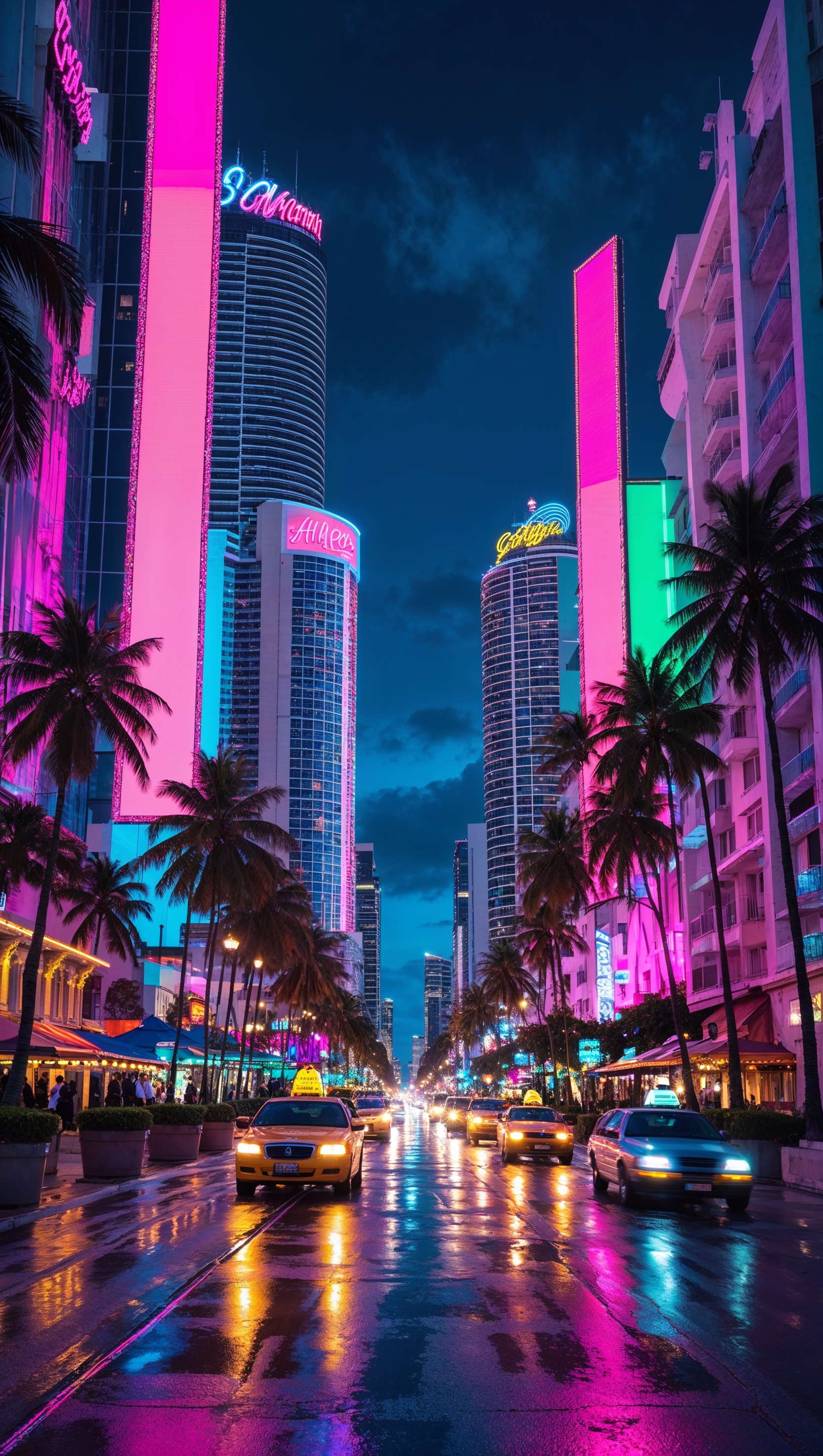 A night-time Miami scene with neon colors and billboards
