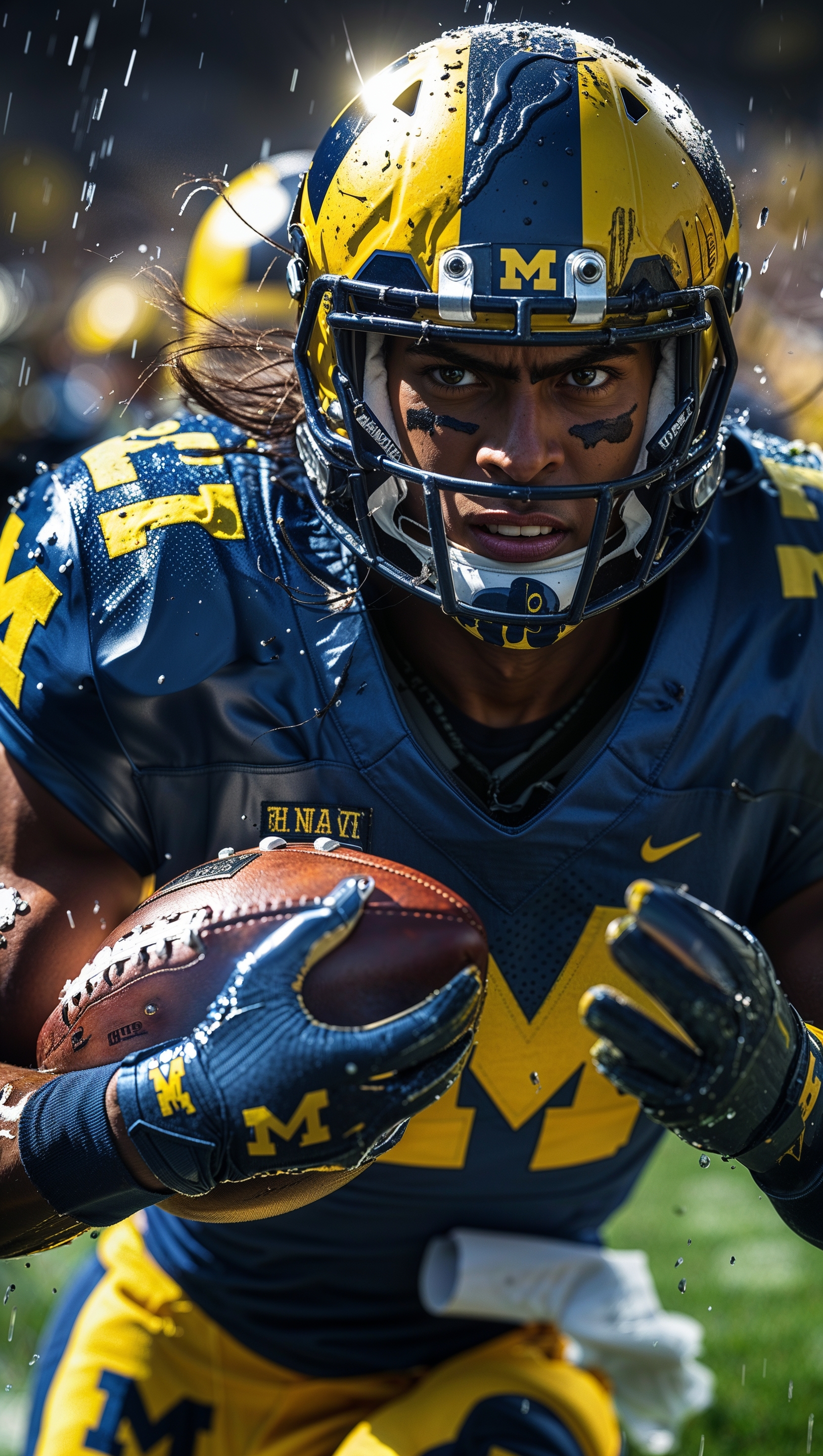 A close-up of a Michigan football player running with the ball in hand