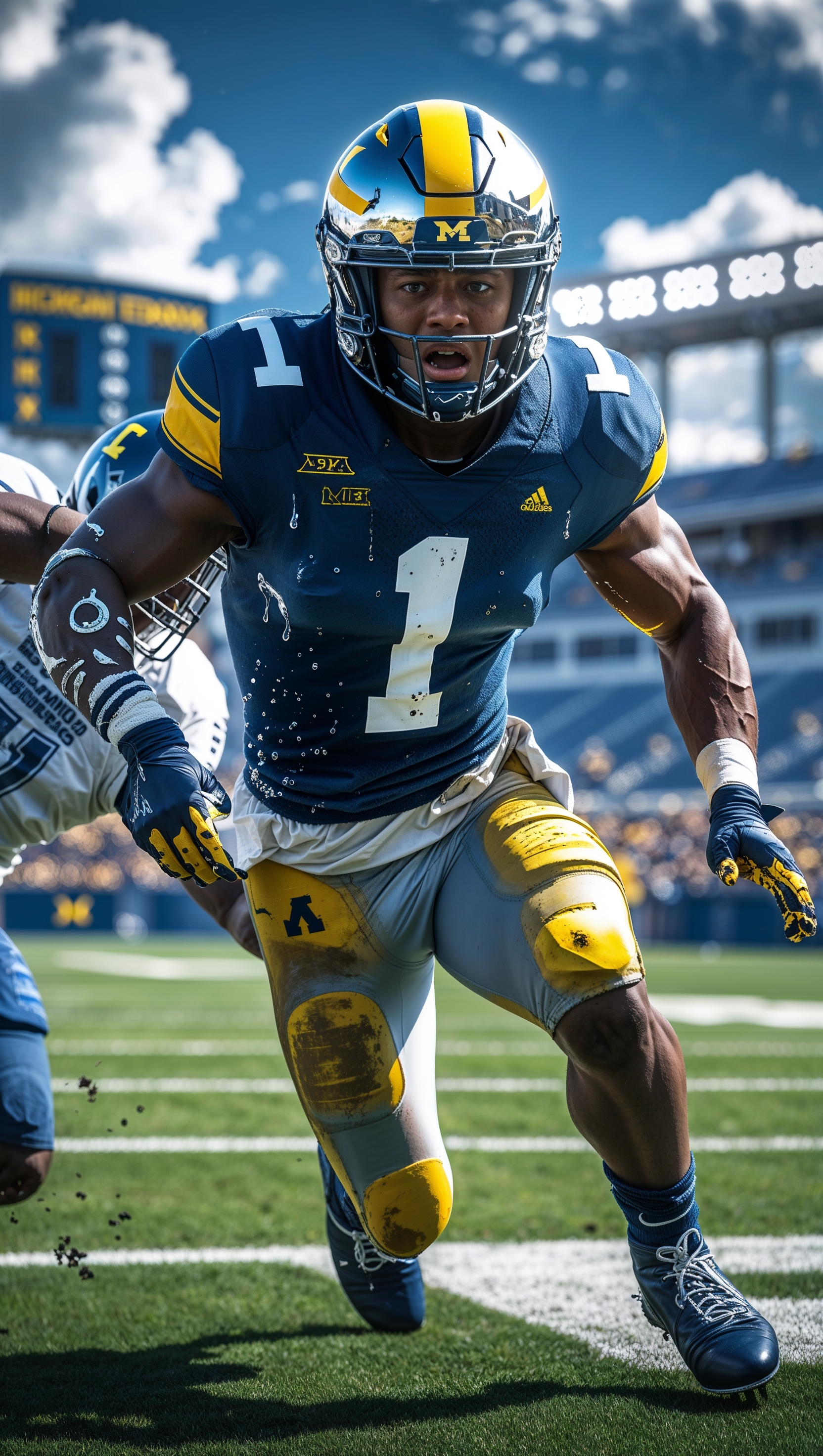 An image of a Michigan football player dodging an opponent