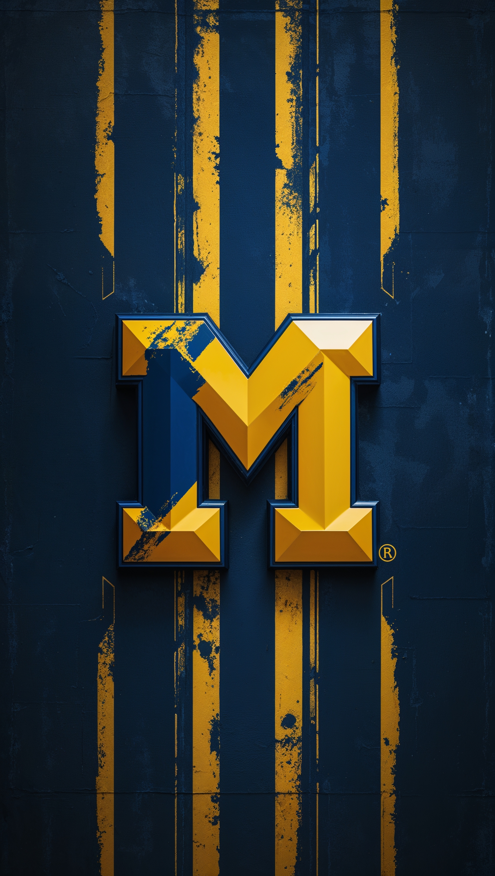 An image of Michigan football team logo with a dark background and yellow and blue stripes
