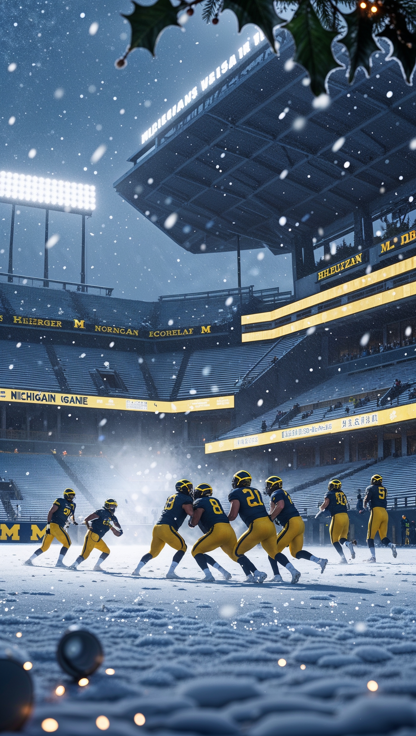 An image of a Michigan football game during snowfall with a Christmas atmosphere