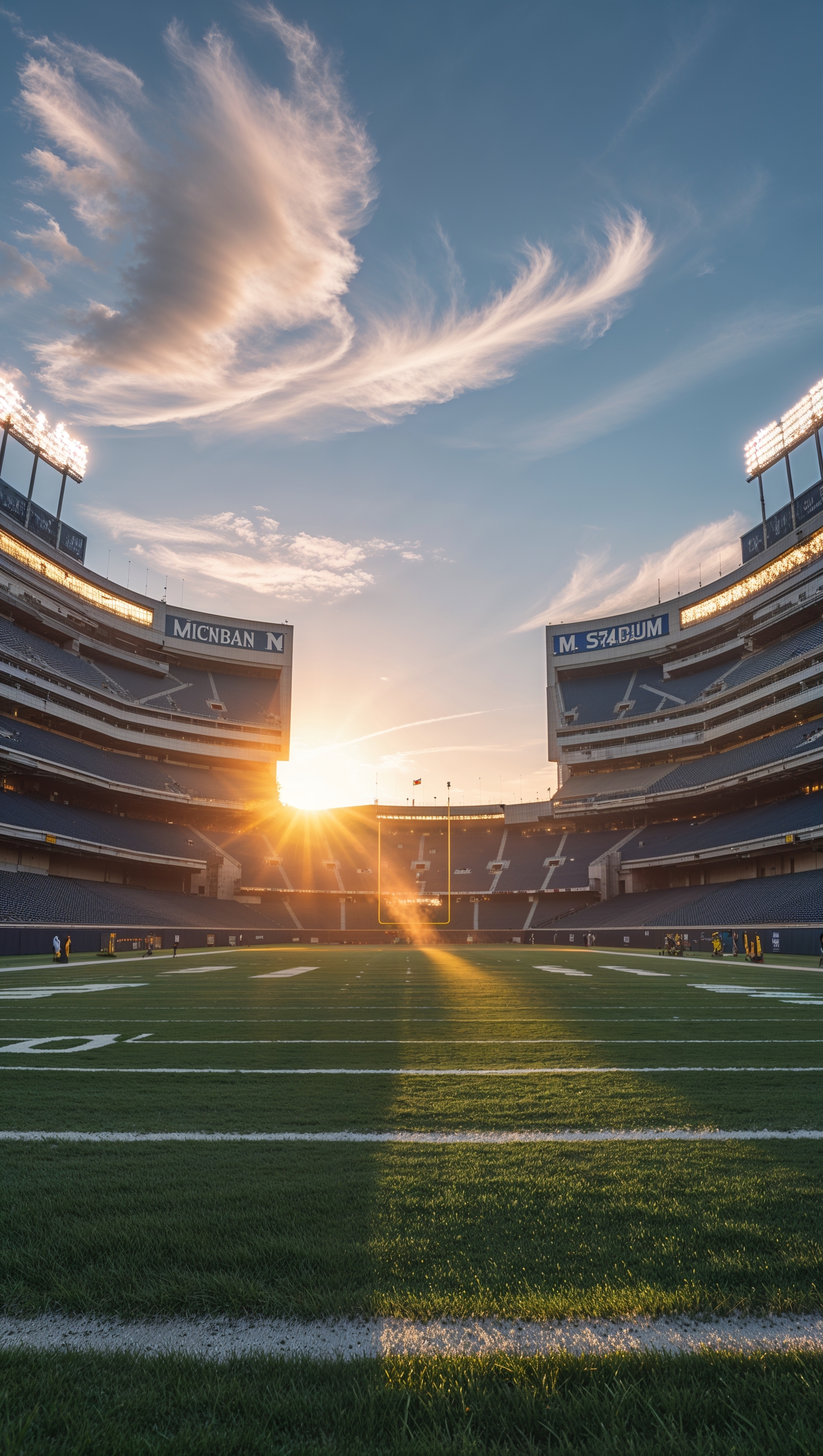 An image of Michigan stadium early in the morning with golden sunlight on the field