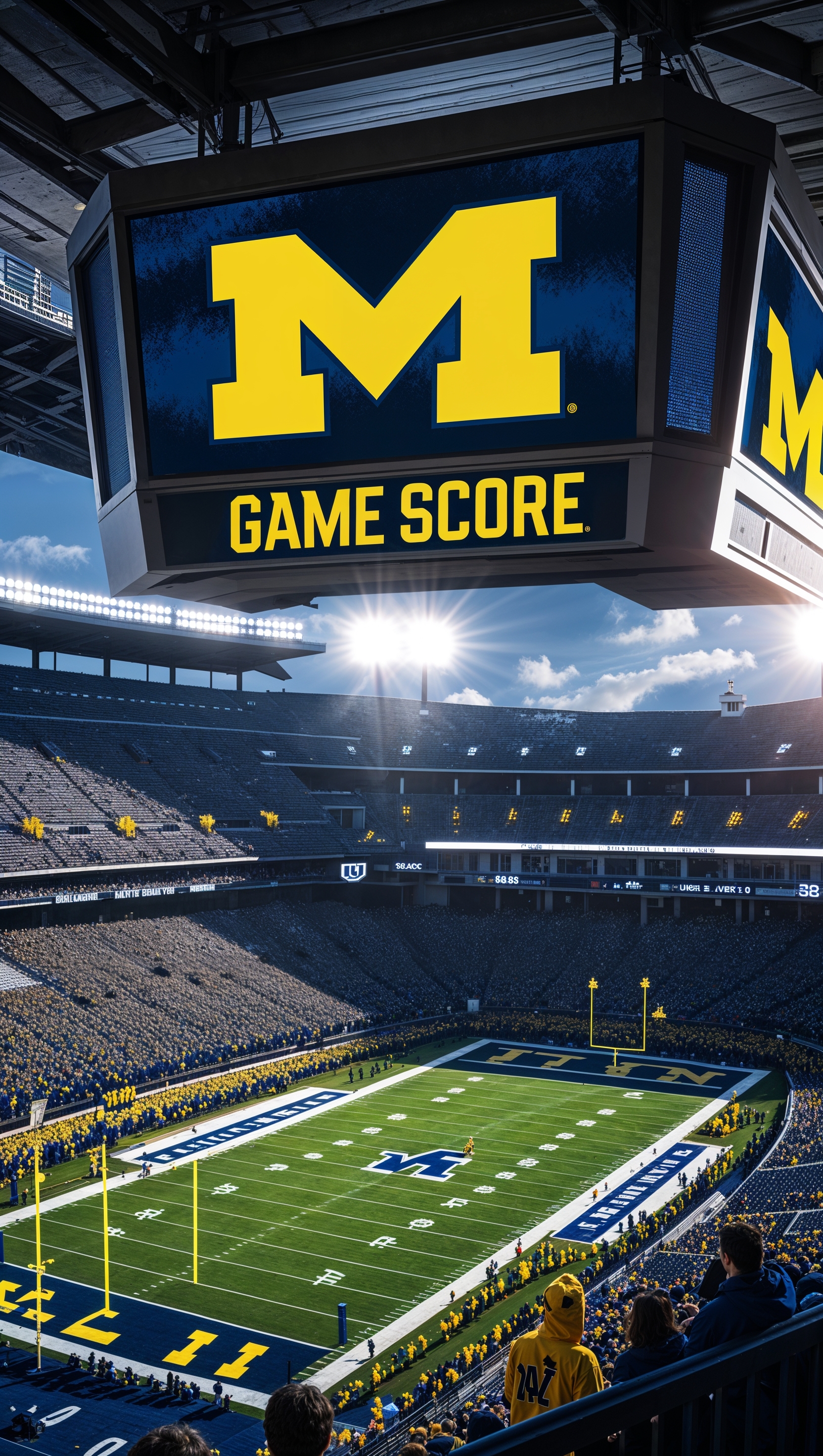 An image of a large scoreboard at Michigan stadium with the game score