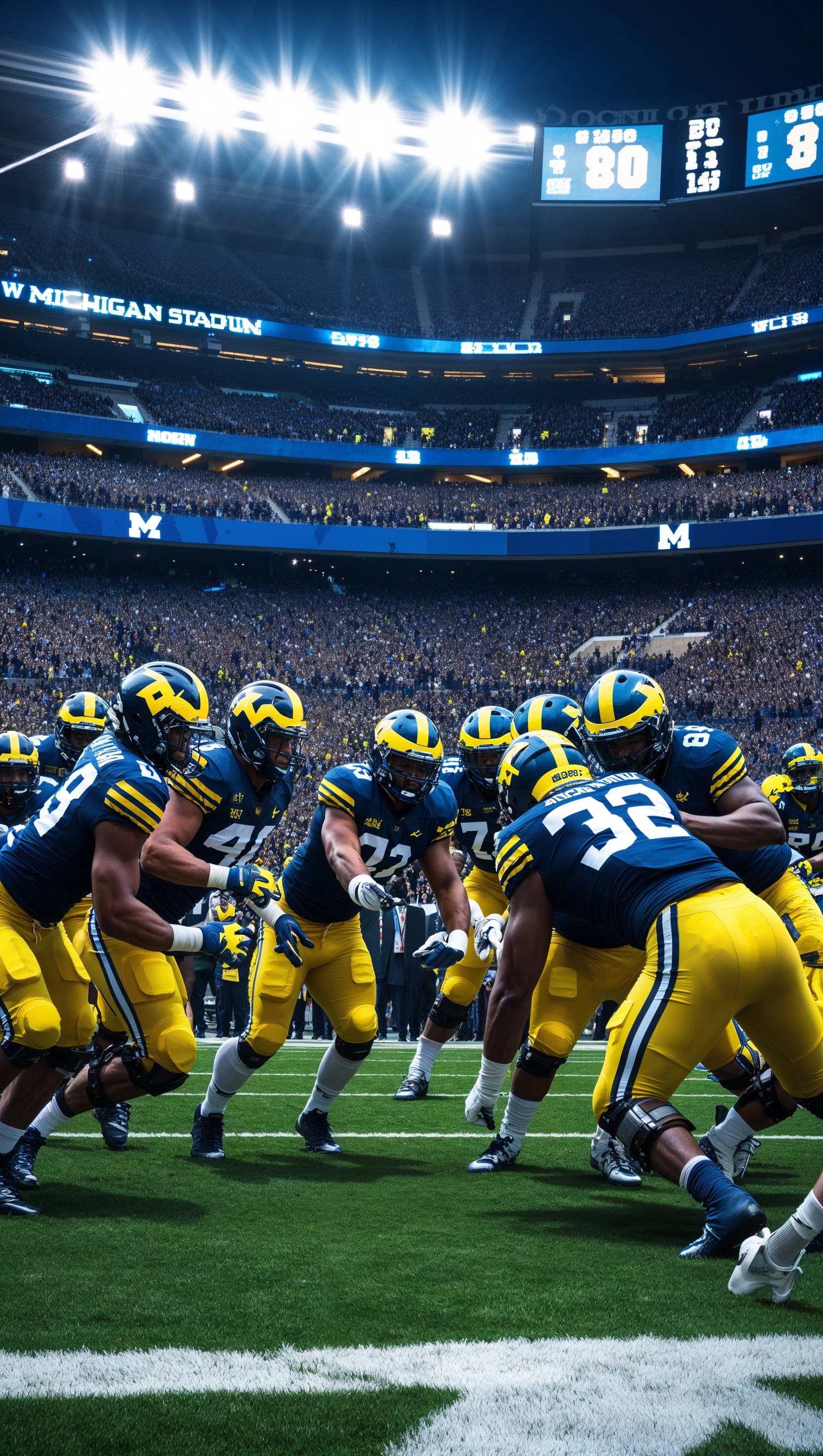 A picture of Michigan football team playing in a large stadium at night