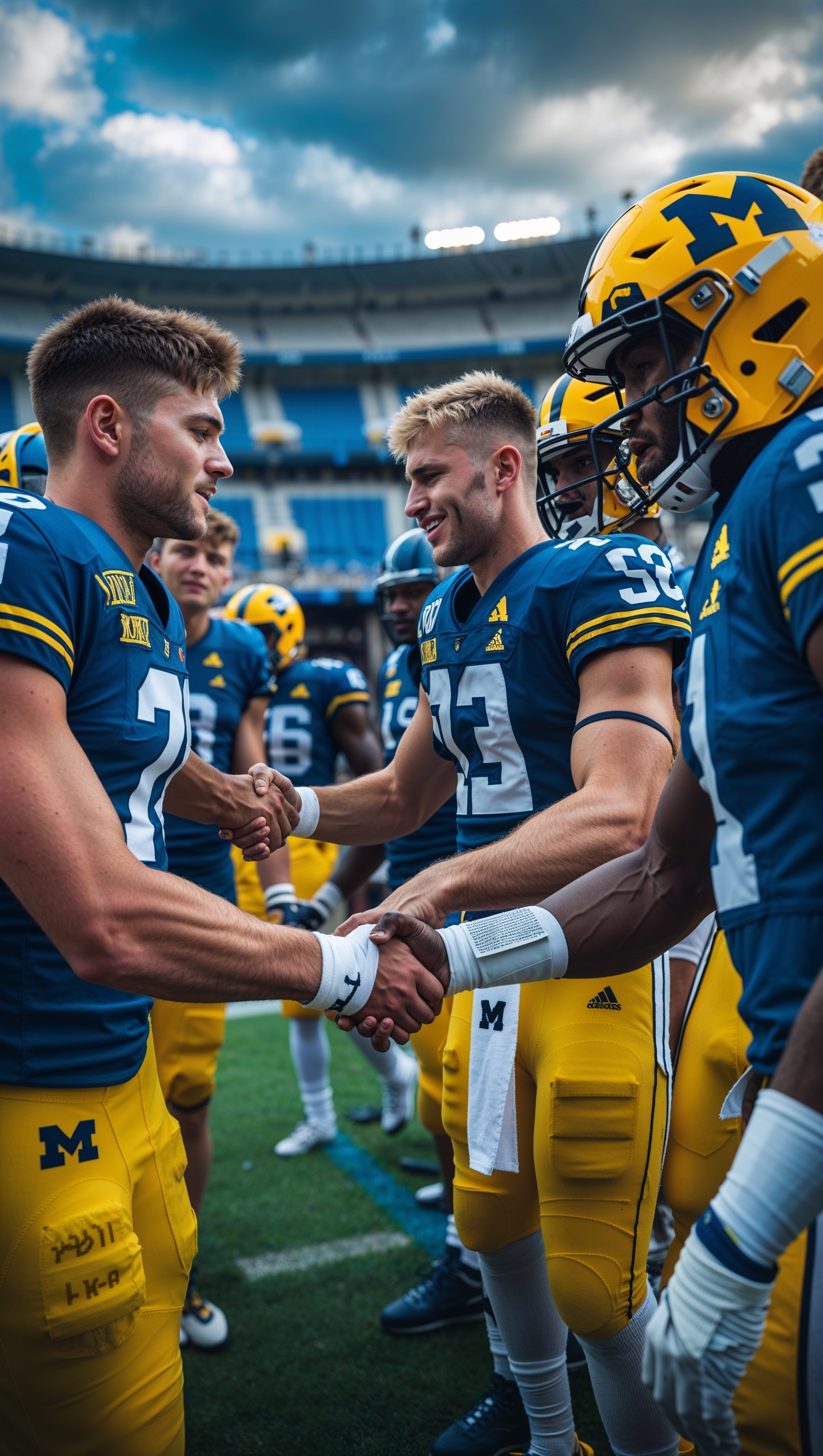 An image of Michigan football players shaking hands with opponents after the game