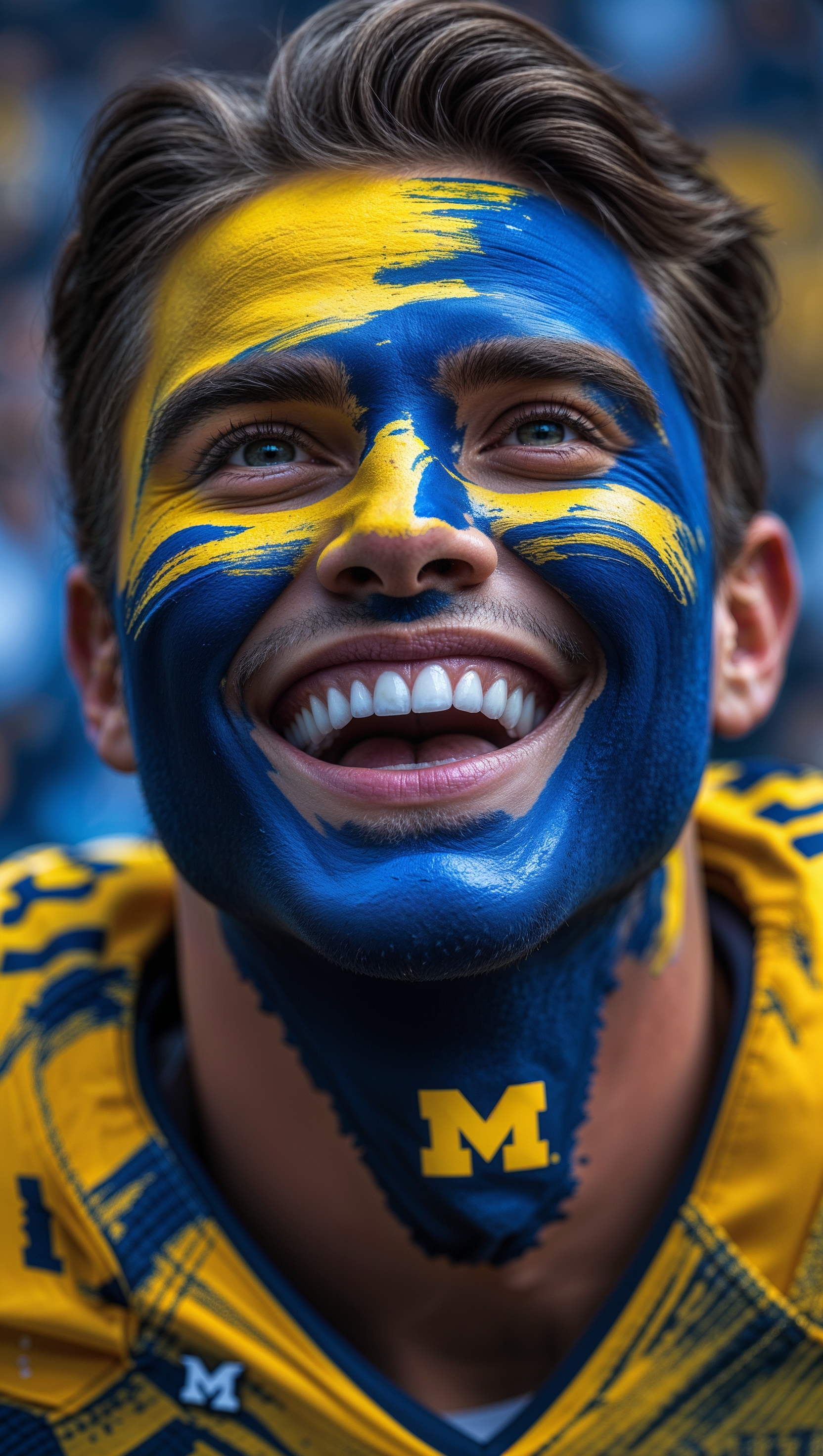 An image of a fan with their face painted in Michigan team colors