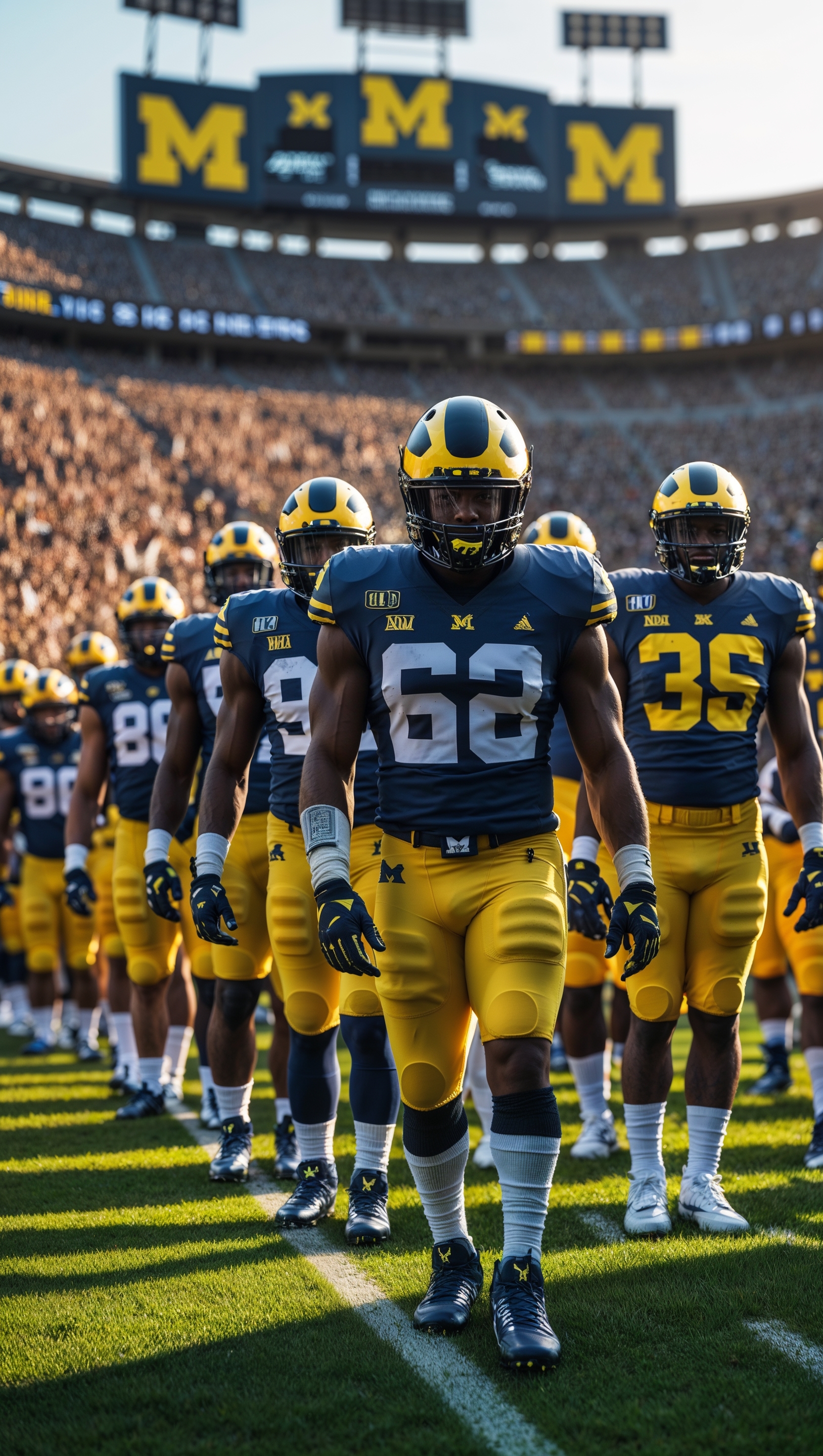 An image of Michigan football players lining up to start the game