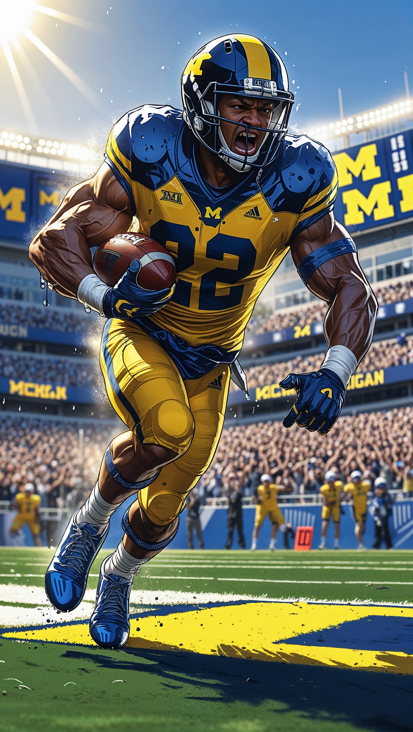 An image of a Michigan football player running towards the goal line