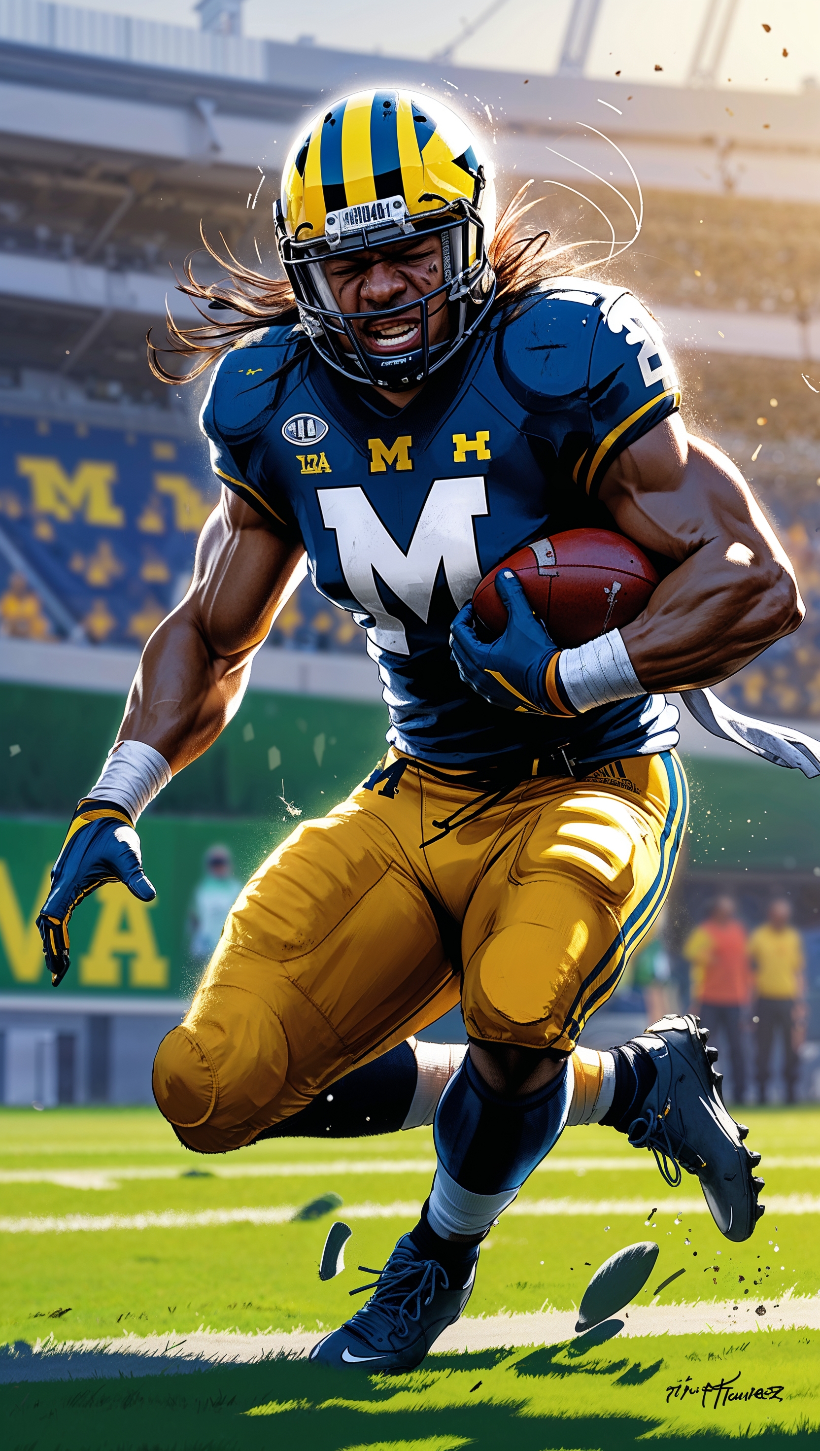 An image of a Michigan football player tackling an opponent