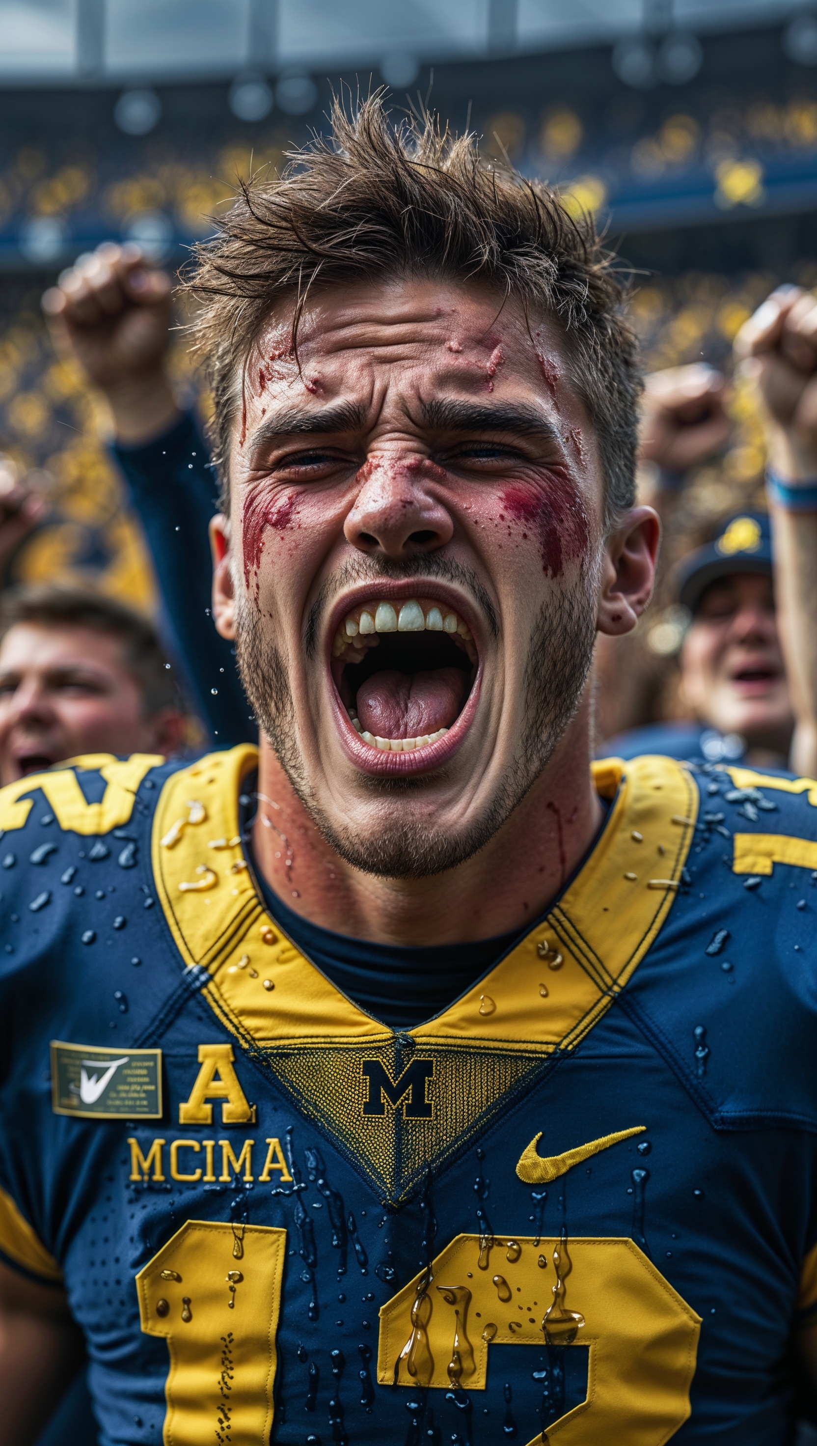 An image of a Michigan football player shouting in support of the team