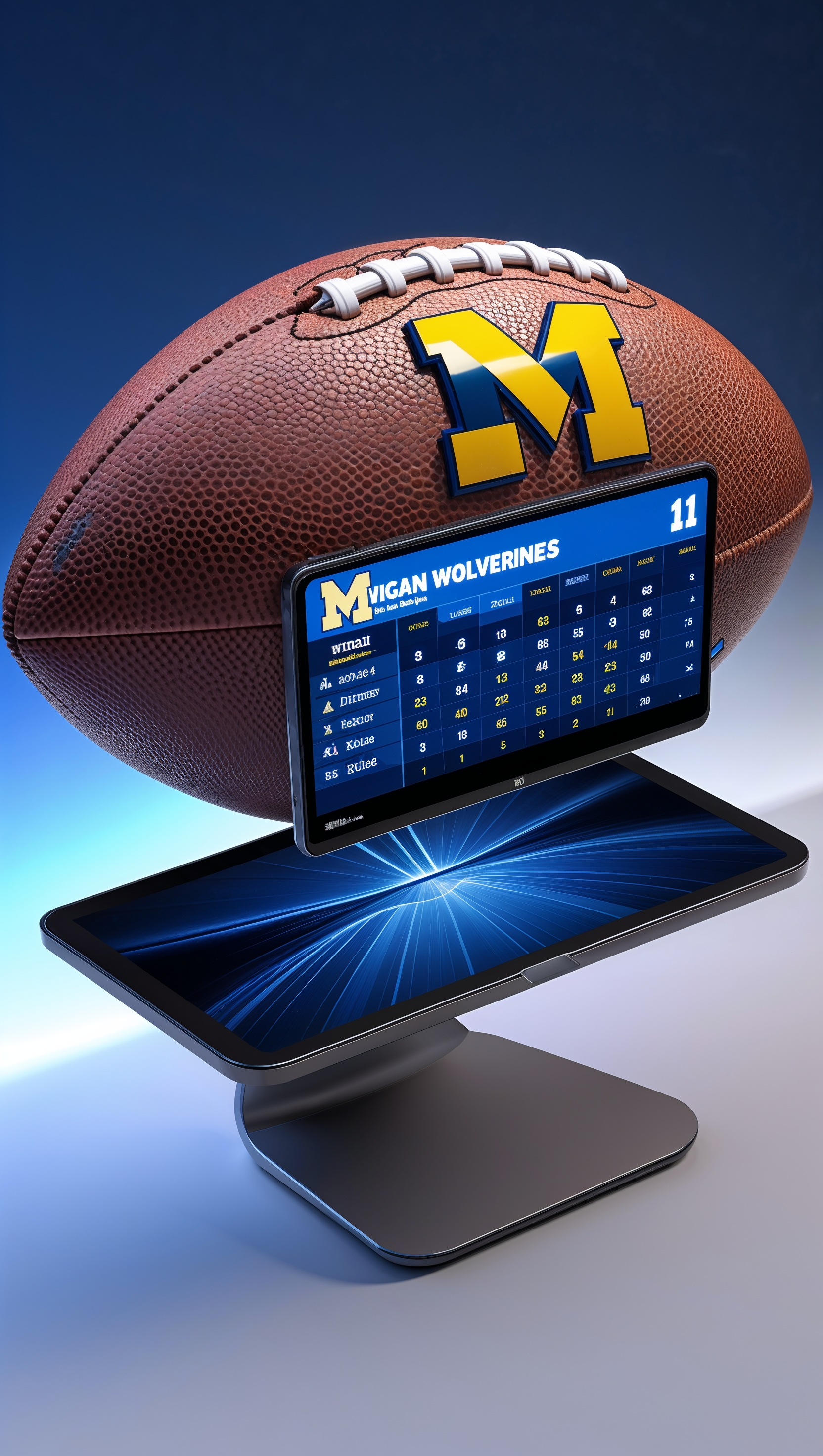 An image of a Michigan football with a monitor showing the game score