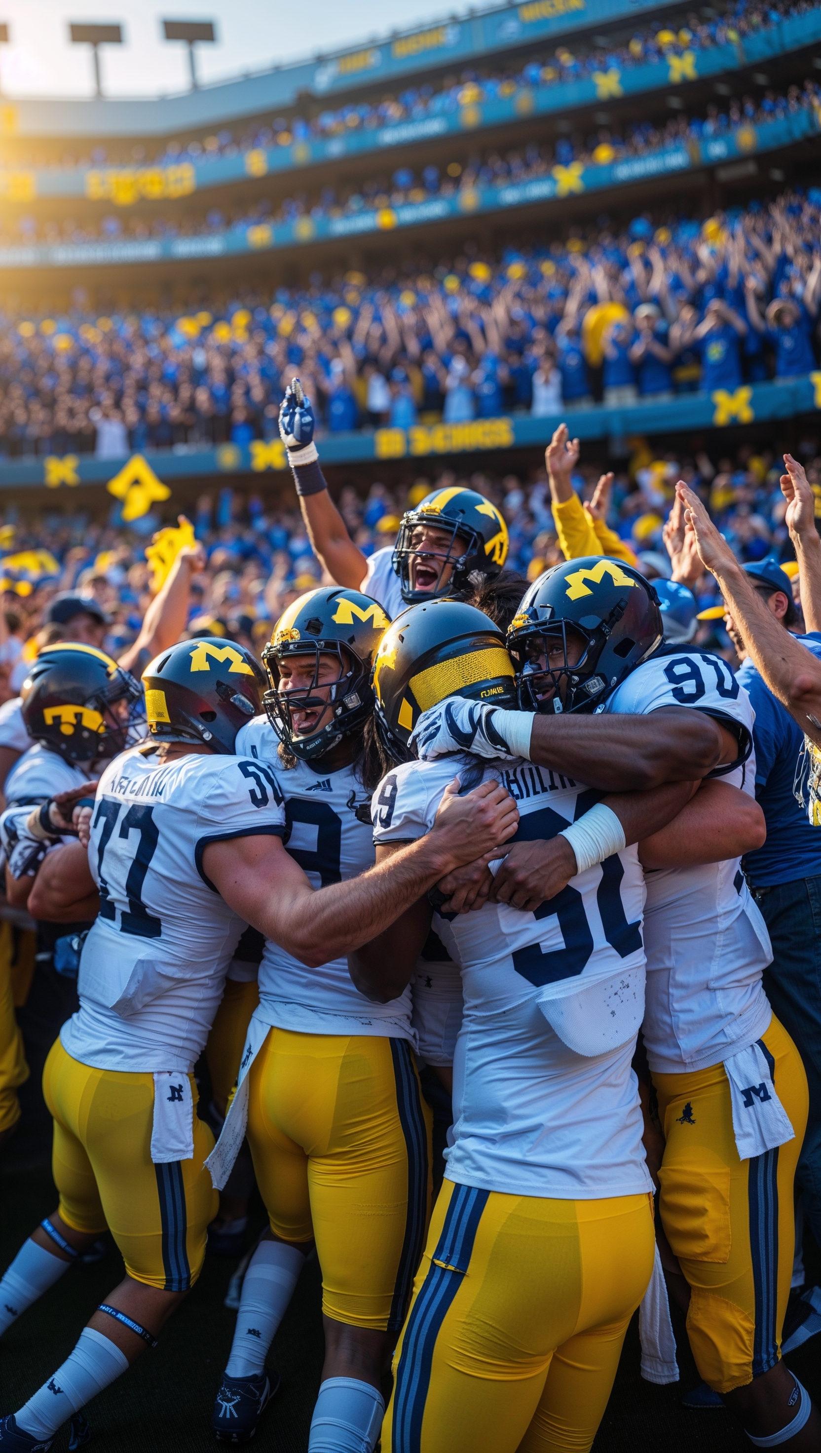 An image of Michigan football players celebrating a victory on the field
