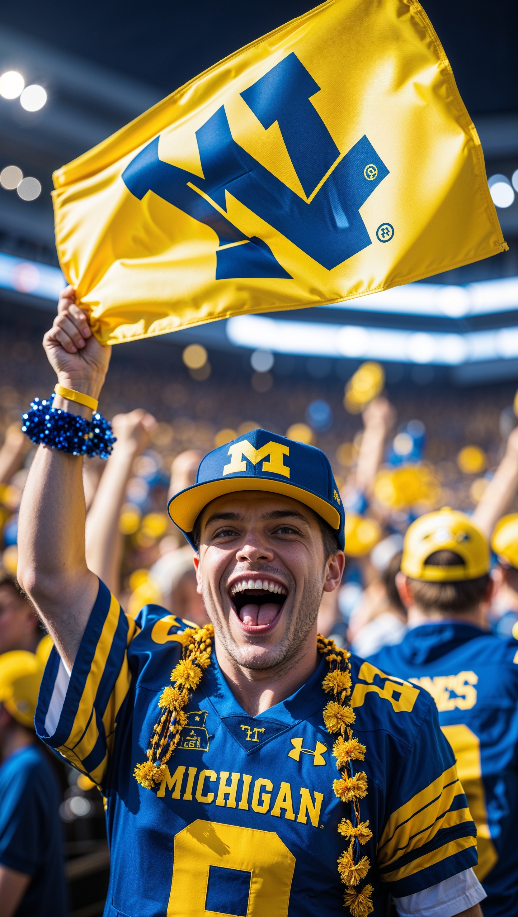 An image of a Michigan football fan displaying a flag and wearing team gear