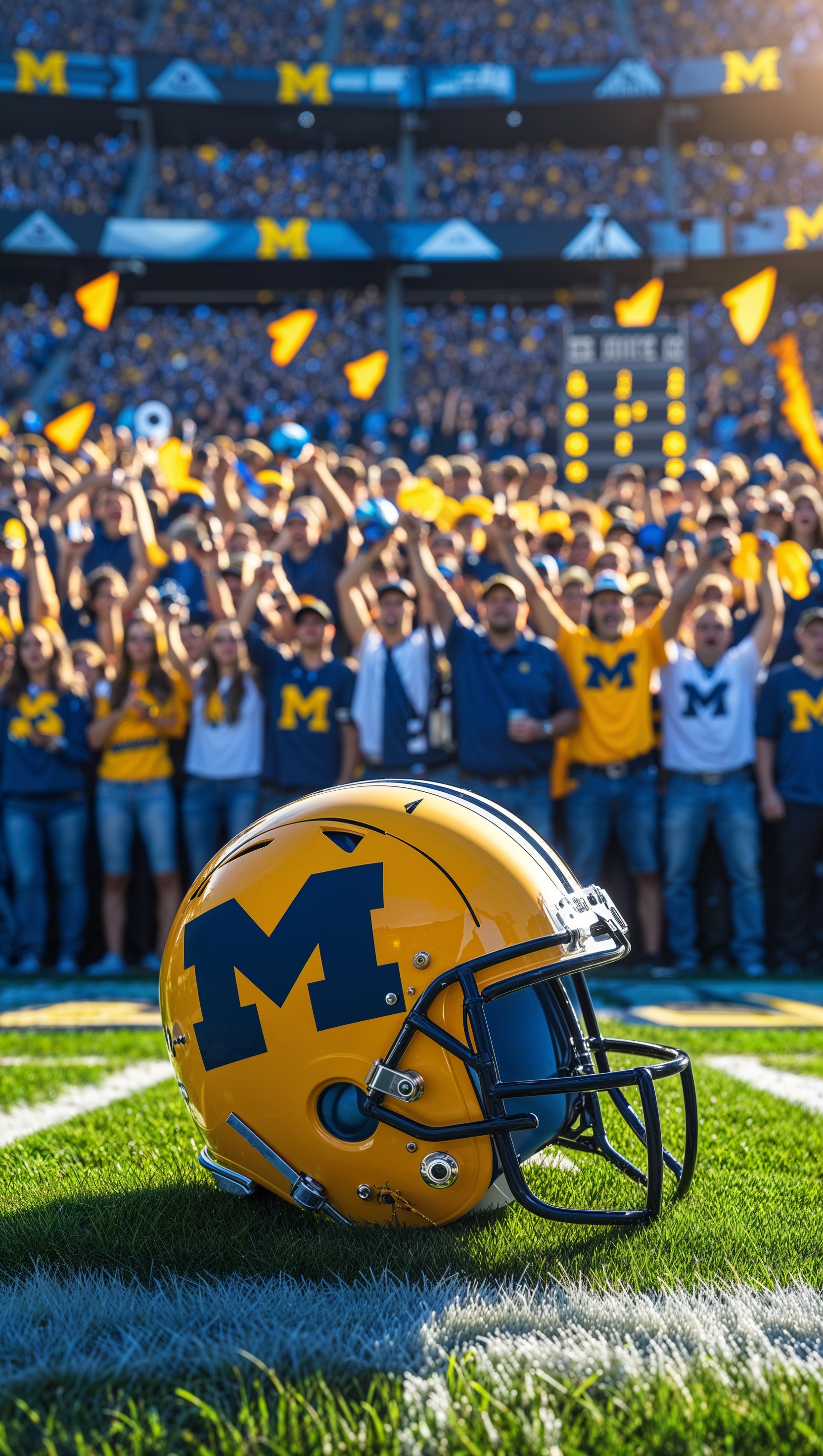 An image of a Michigan football with a stadium full of spectators in the background