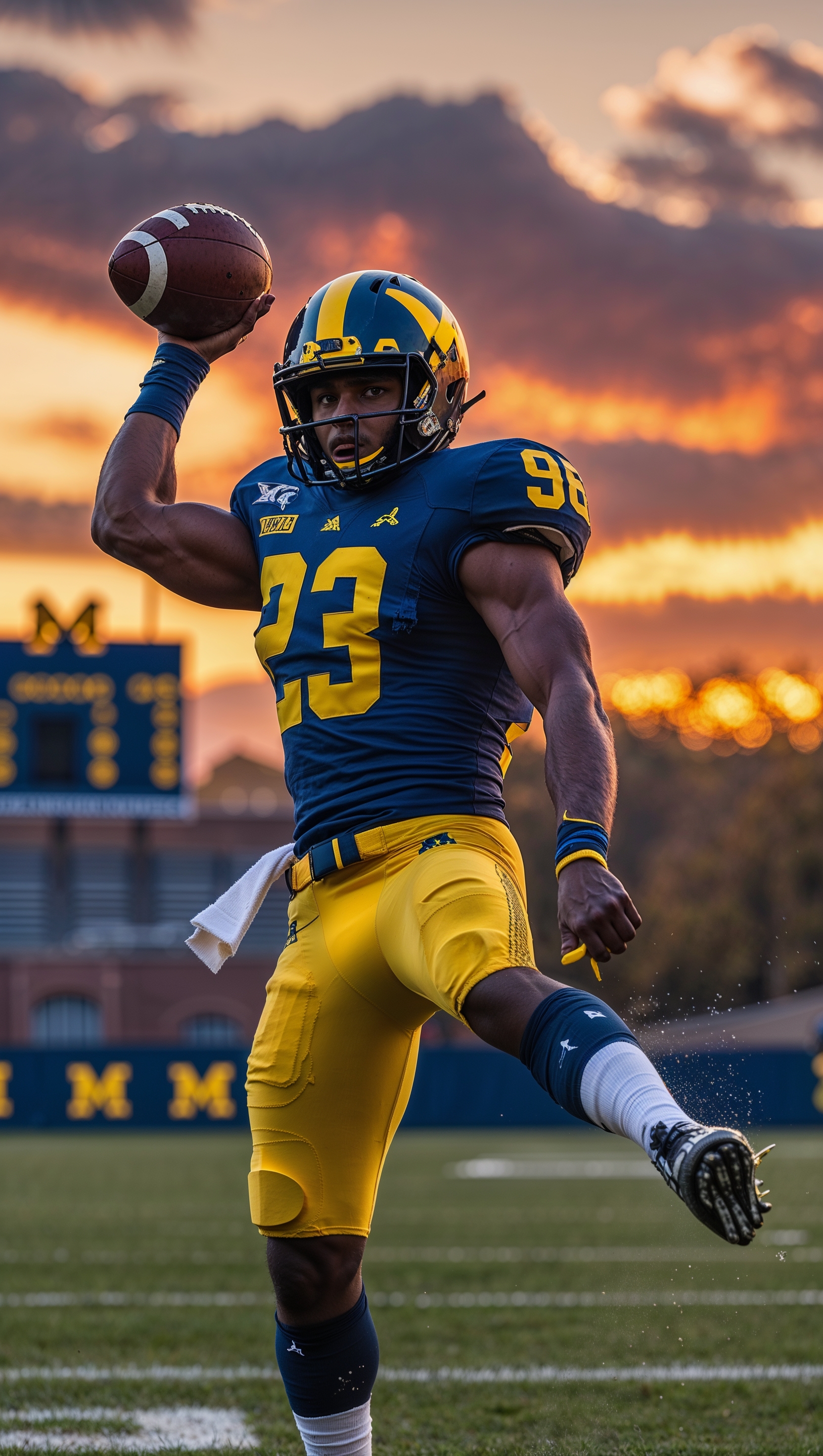 An image of a Michigan football player kicking the ball with a sunset background