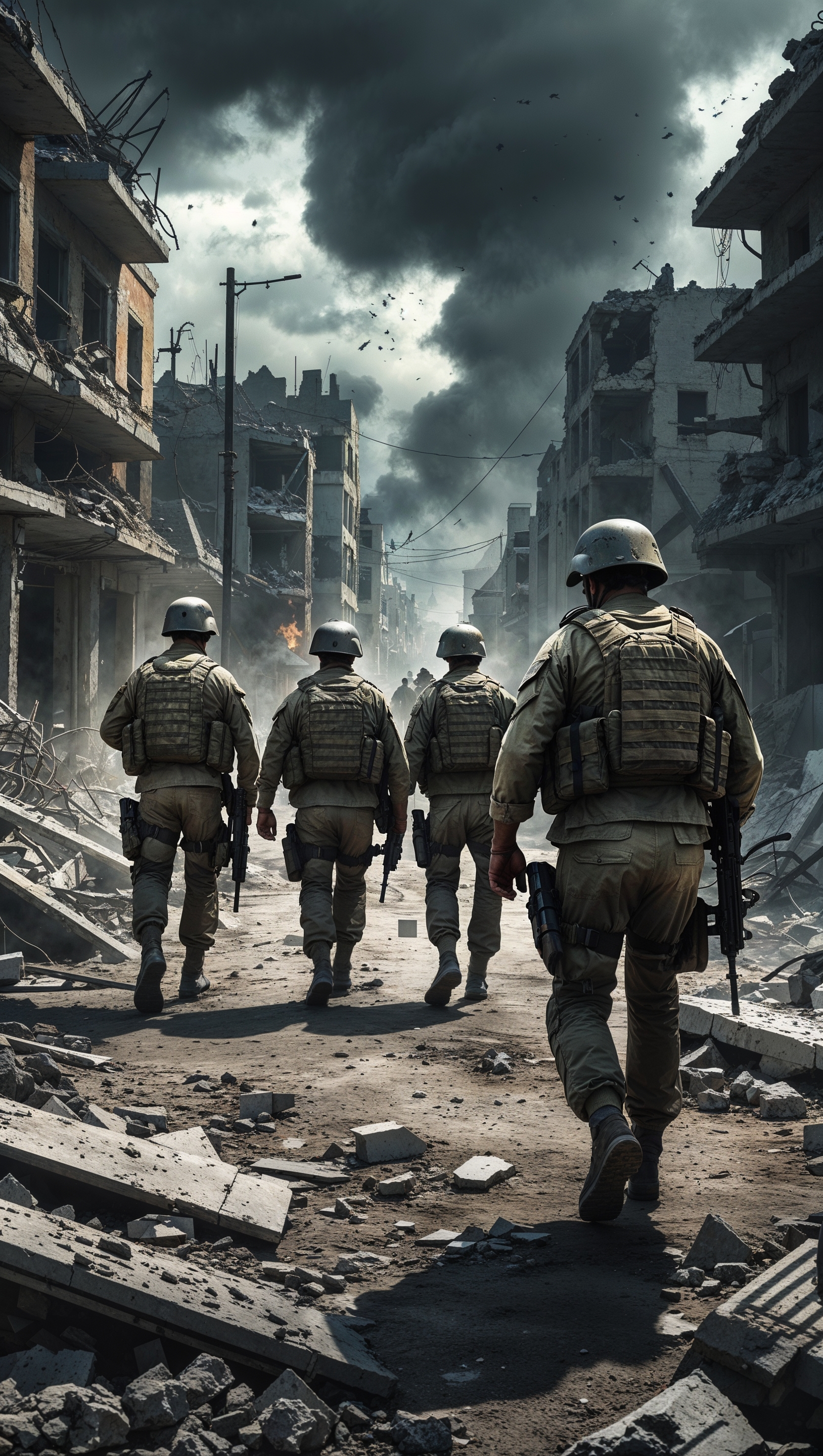 Urban warfare scene with soldiers advancing