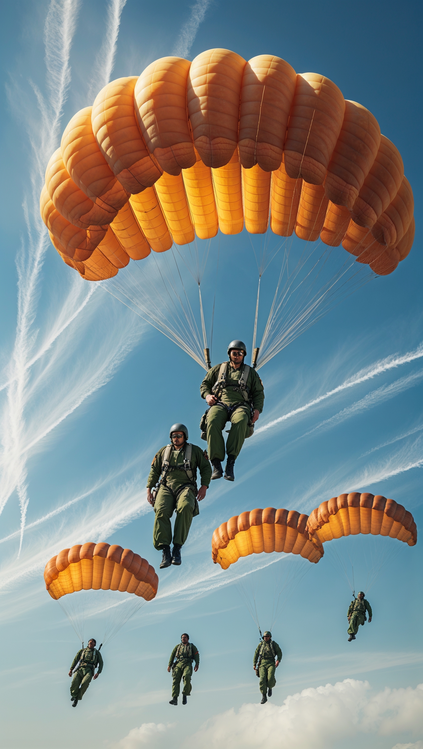 Paratroopers descending from a bright blue sky
