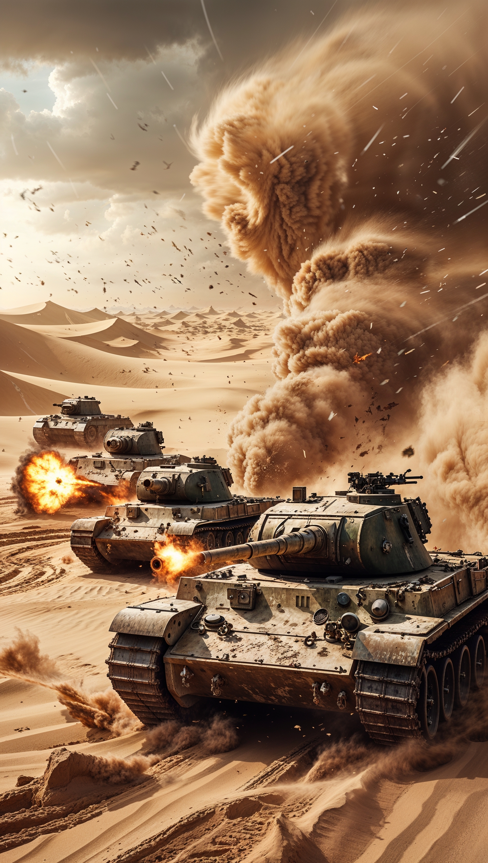 Tank battle in the desert during a sandstorm