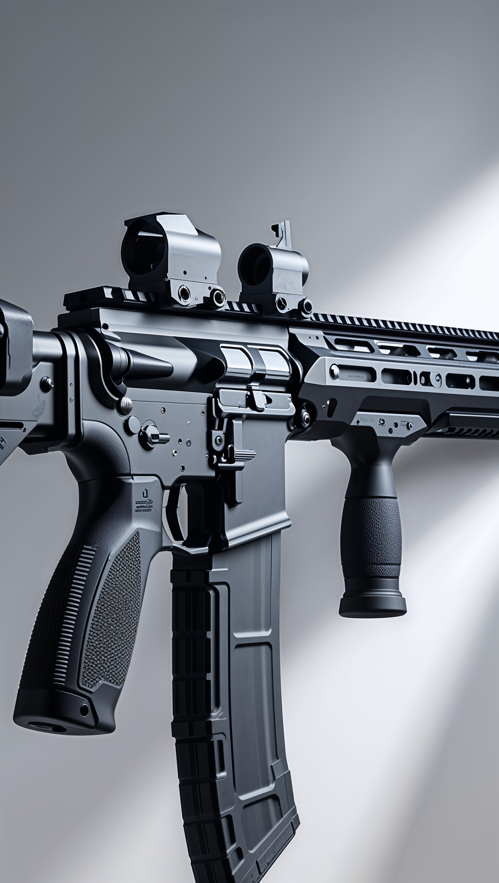 Close-up of a modern rifle with detailed textures