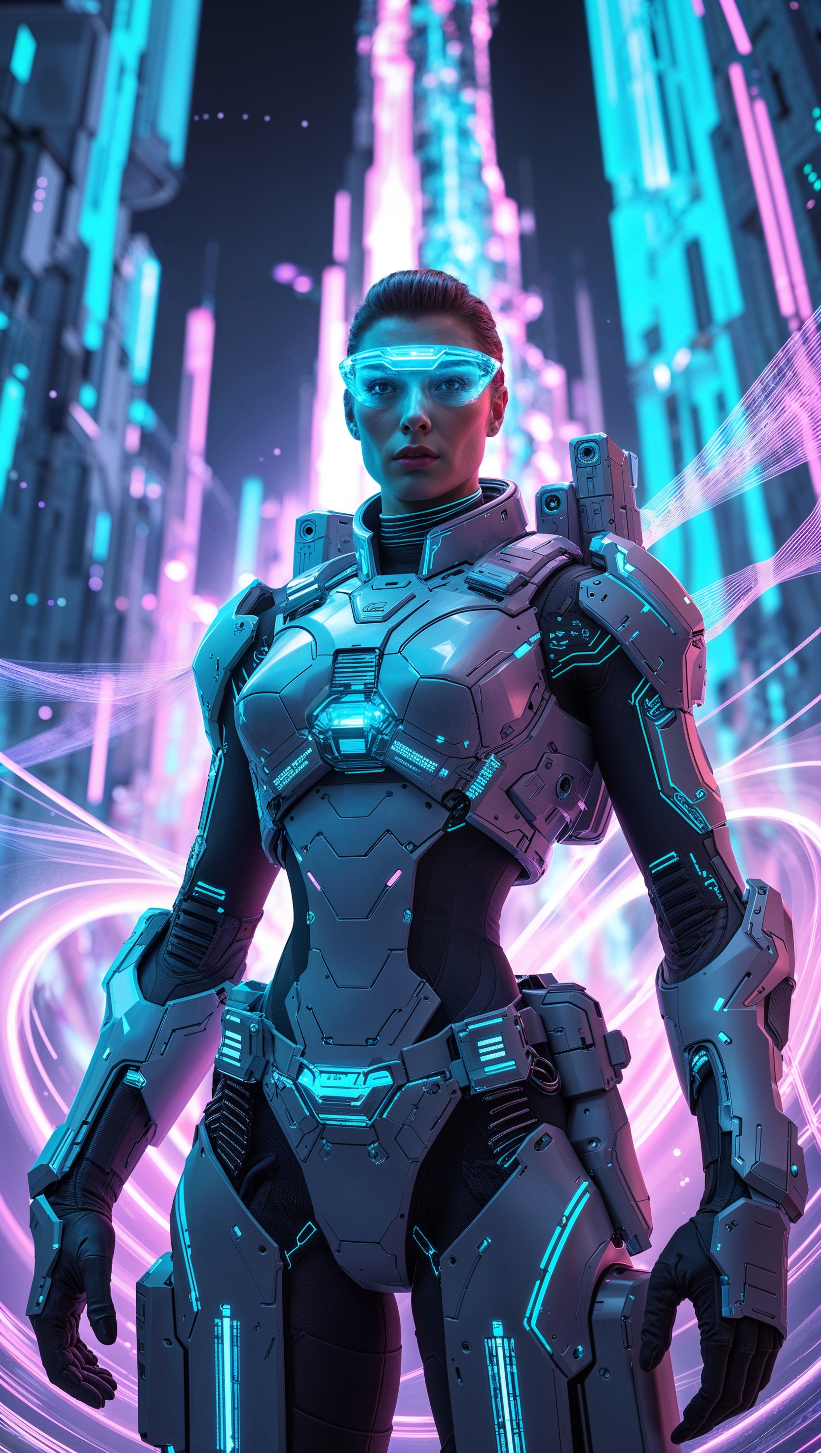Futuristic soldier in tech armor in a digital environment