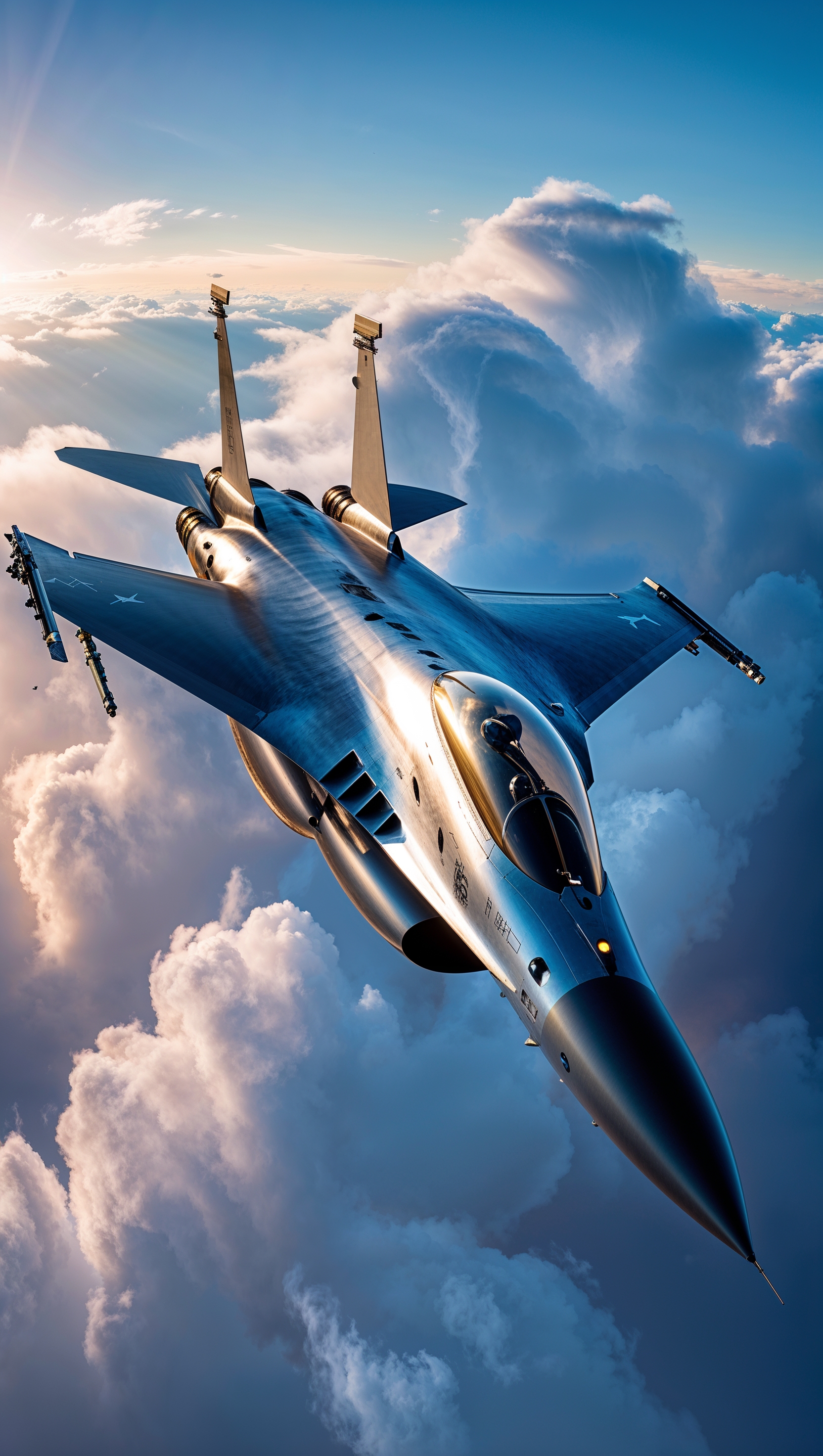 Fighter jet soaring through the clouds
