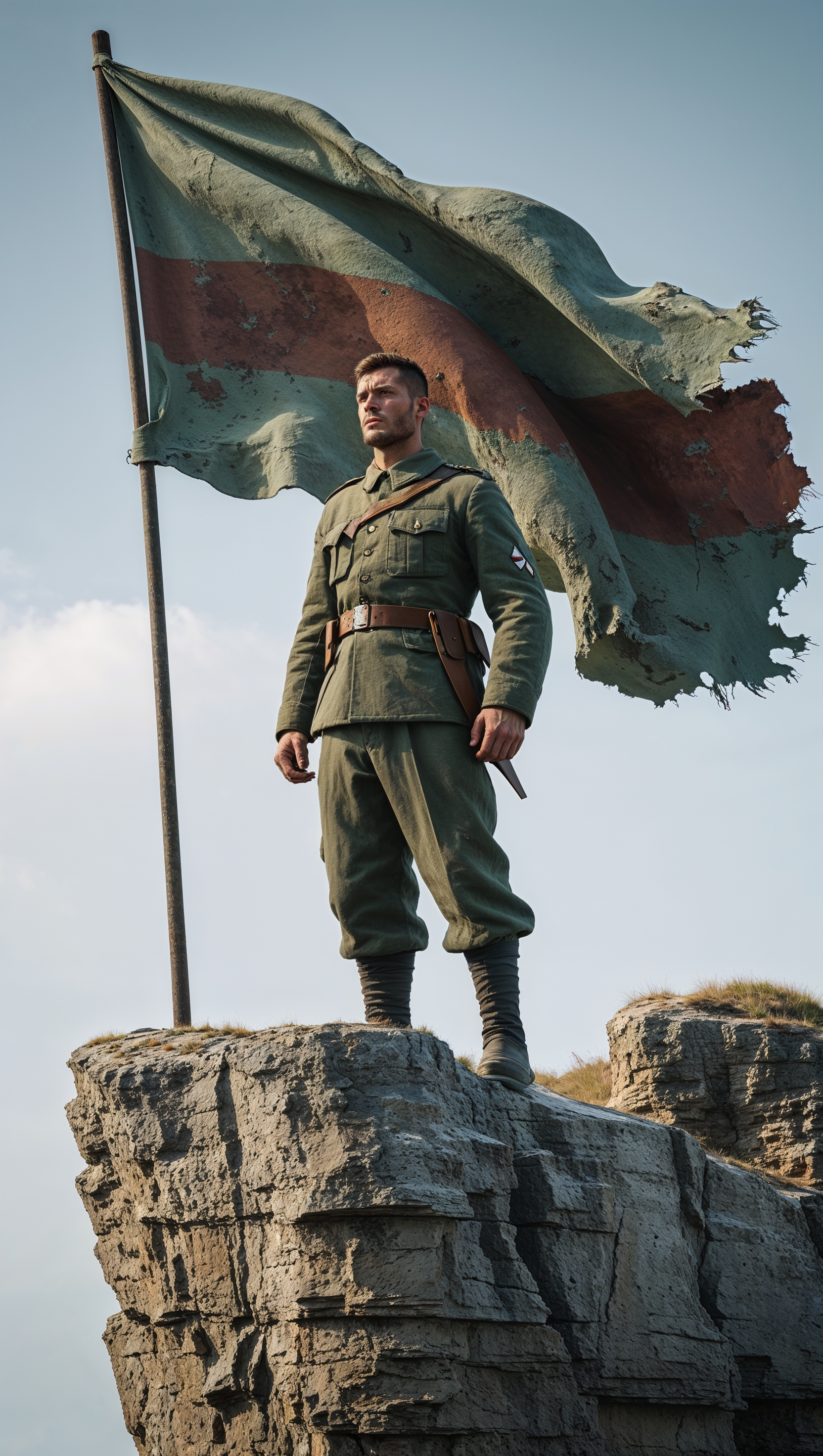 Soldier standing on a cliff holding a flag