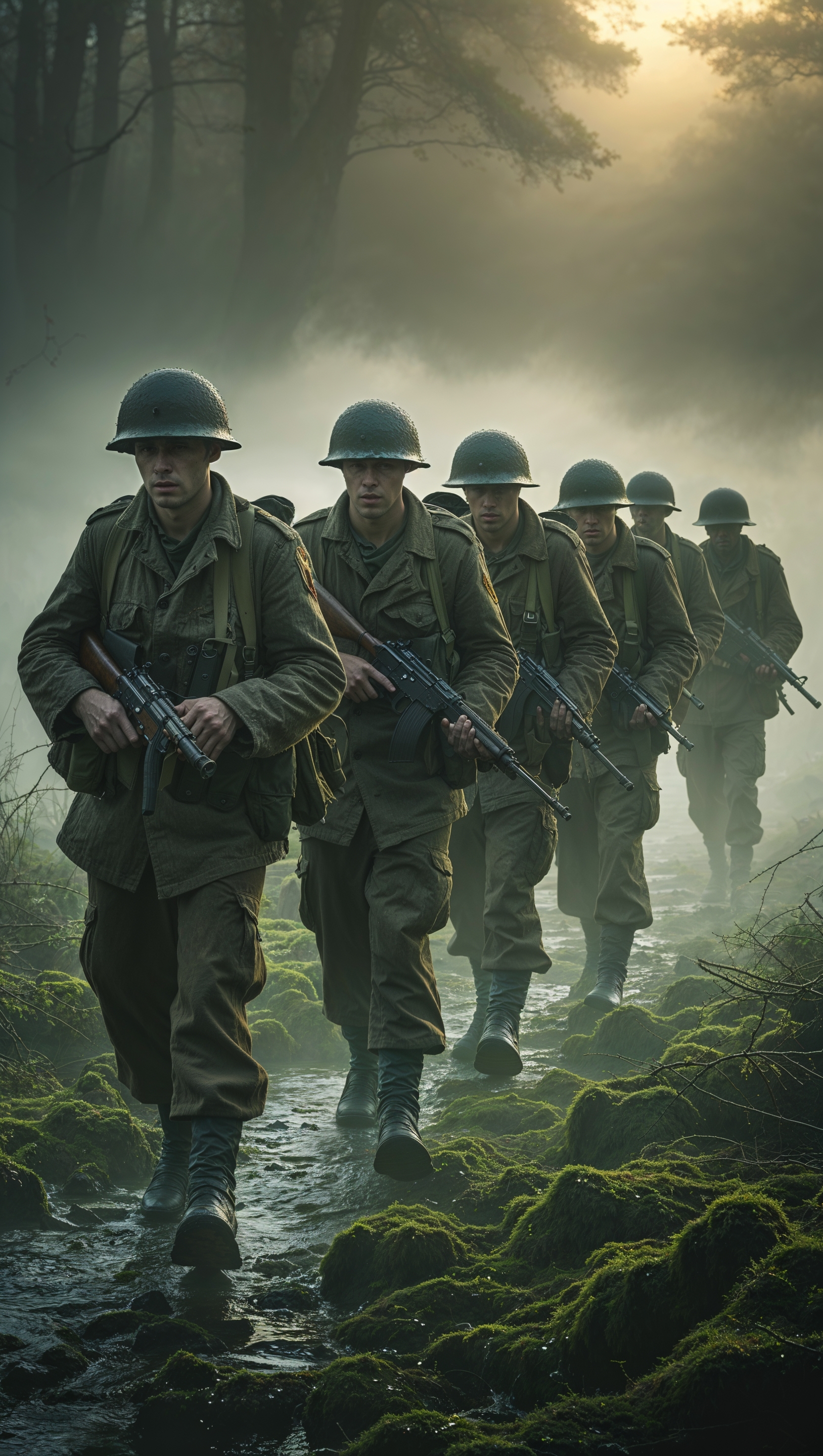 Squad of soldiers moving through morning mist