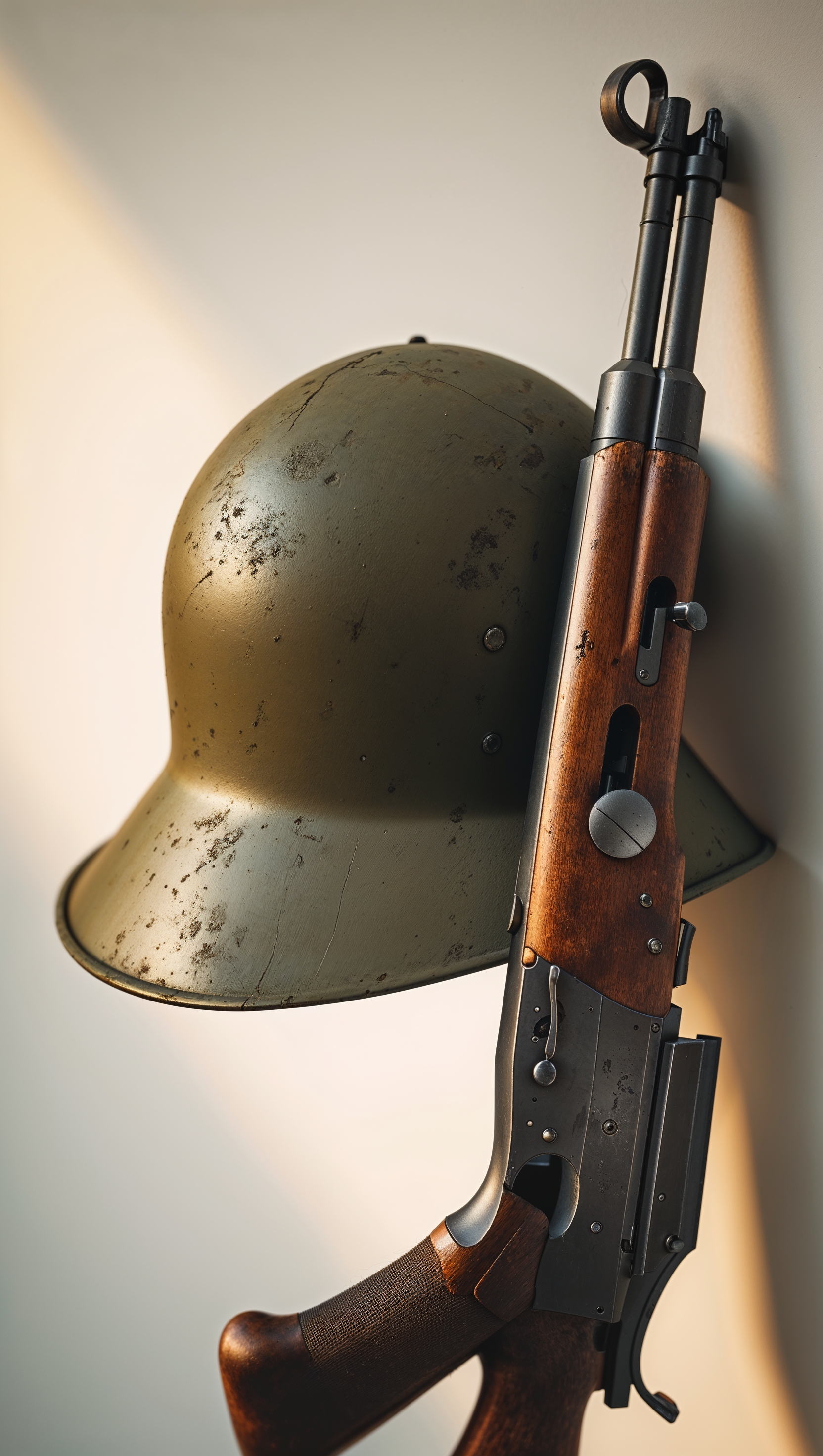 Minimalist artistic image of a war helmet and rifle